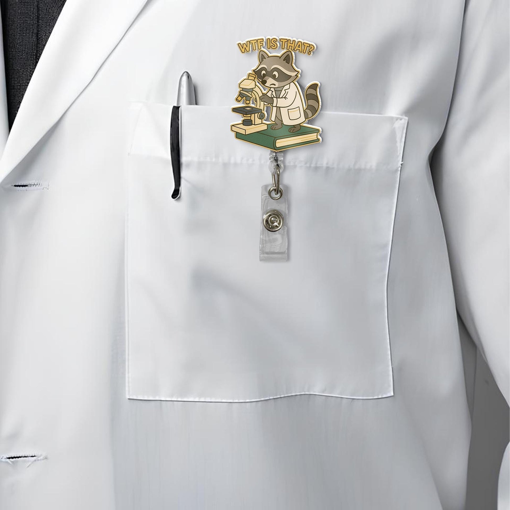 Funny Raccoon Scientist Badge Reel, WTF Is That Quote Microscope Lab Coat Retractable ID Holder, Gift for Nurse Doctor Lab Tech Medical