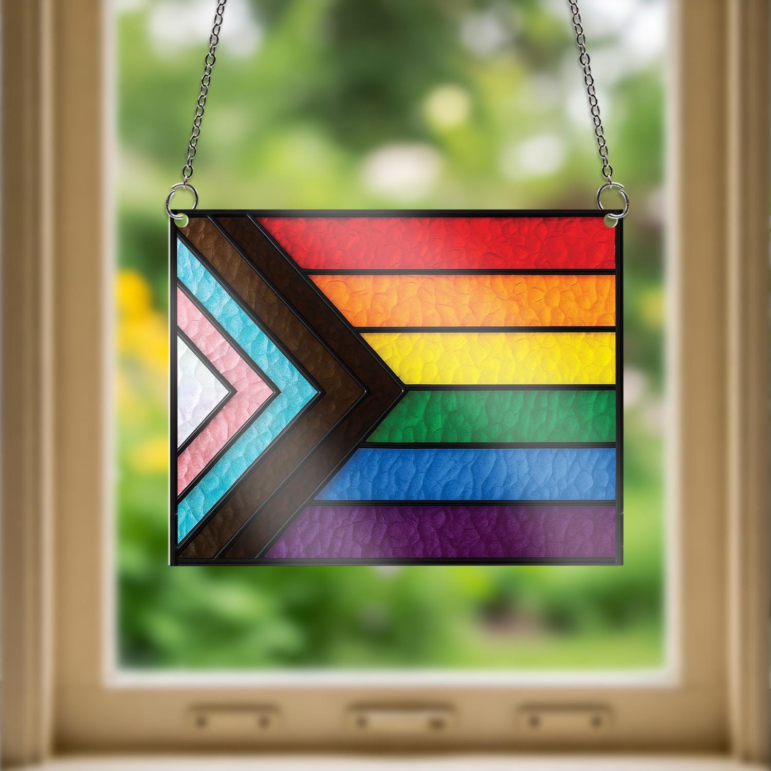 Progress Pride Flag ACRYLIC Window Hanging, LGBTQ+ Rainbow Decor, Equality Window Art, Pride Month Home Decor, Pride Window Sign, LGBT Flag