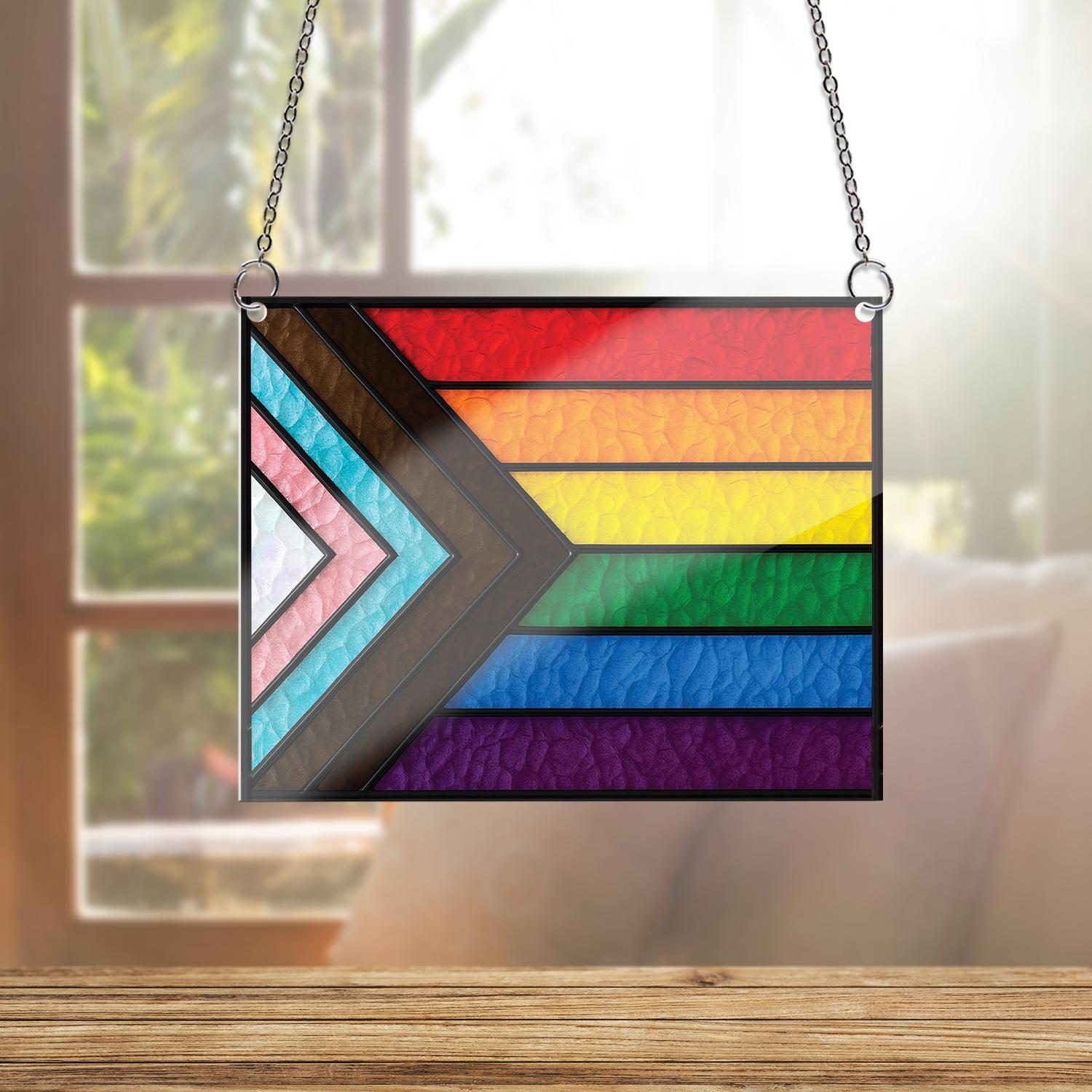 Progress Pride Flag ACRYLIC Window Hanging, LGBTQ+ Rainbow Decor, Equality Window Art, Pride Month Home Decor, Pride Window Sign, LGBT Flag