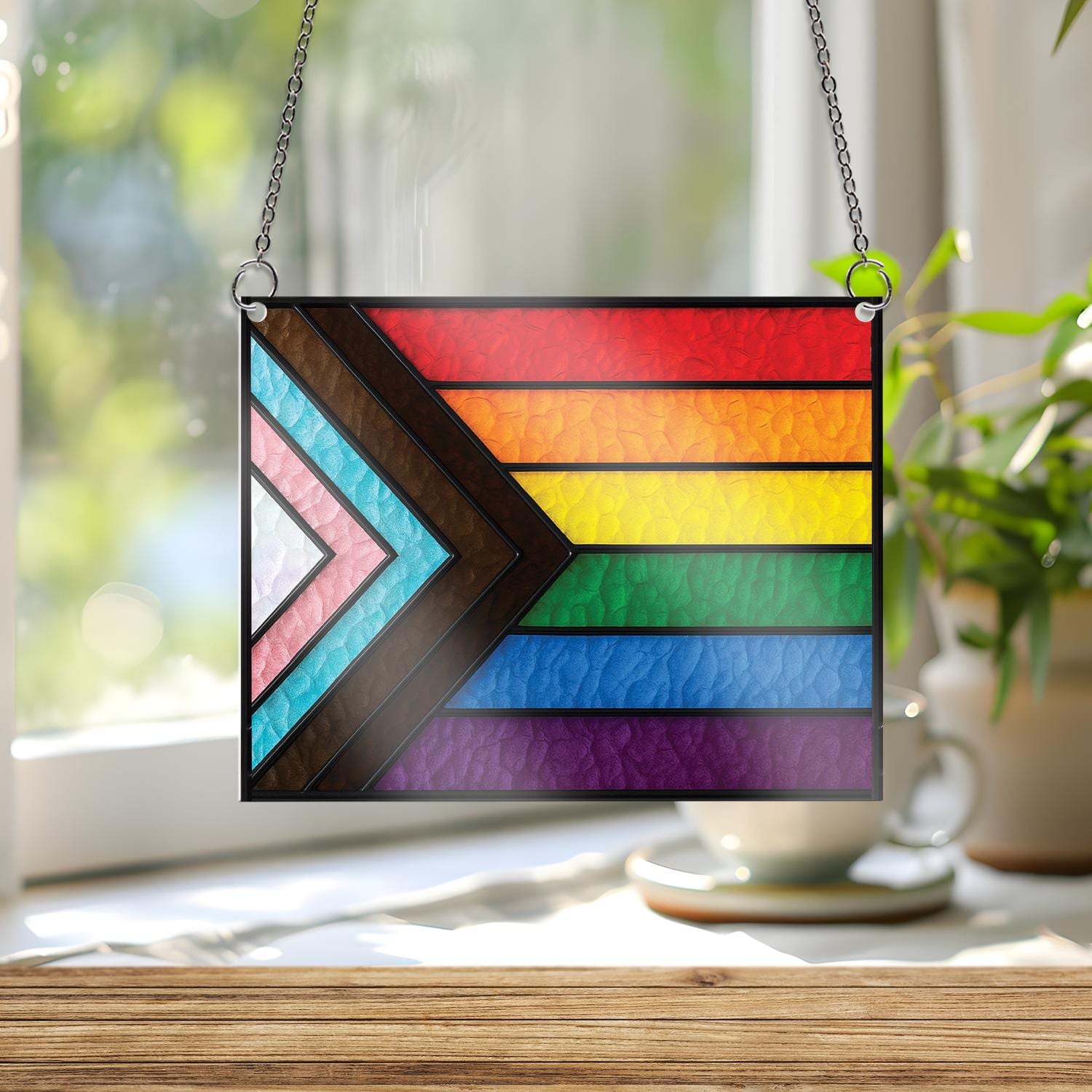 Progress Pride Flag ACRYLIC Window Hanging, LGBTQ+ Rainbow Decor, Equality Window Art, Pride Month Home Decor, Pride Window Sign, LGBT Flag