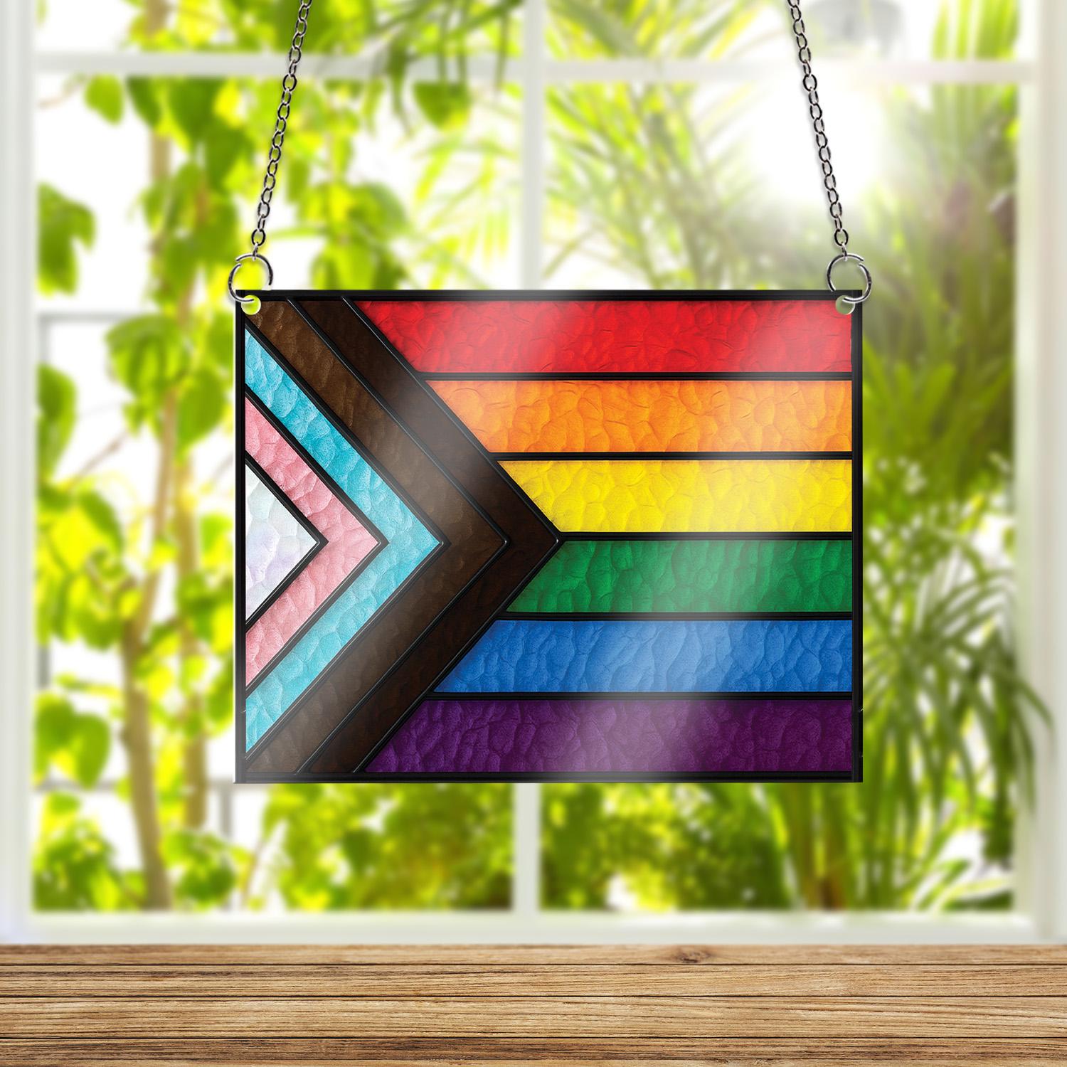 Progress Pride Flag ACRYLIC Window Hanging, LGBTQ+ Rainbow Decor, Equality Window Art, Pride Month Home Decor, Pride Window Sign, LGBT Flag