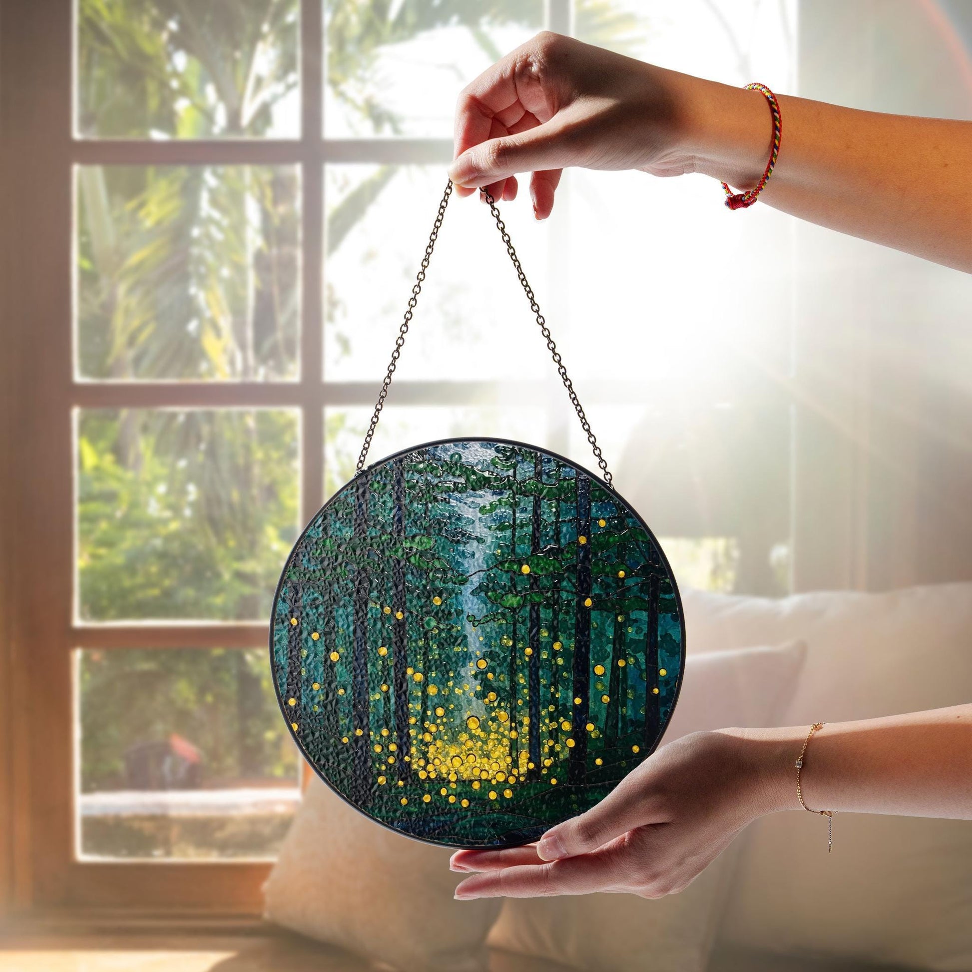 Round Glass Suncatcher Window Hanging, Enchanted Deep Forest Scene with Magical Glowing Fireflies, Hand Painted Nature Wall Art Decor Gift