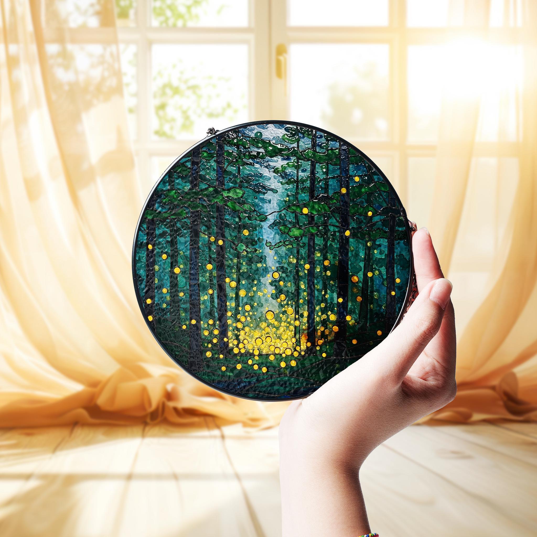 Round Glass Suncatcher Window Hanging, Enchanted Deep Forest Scene with Magical Glowing Fireflies, Hand Painted Nature Wall Art Decor Gift