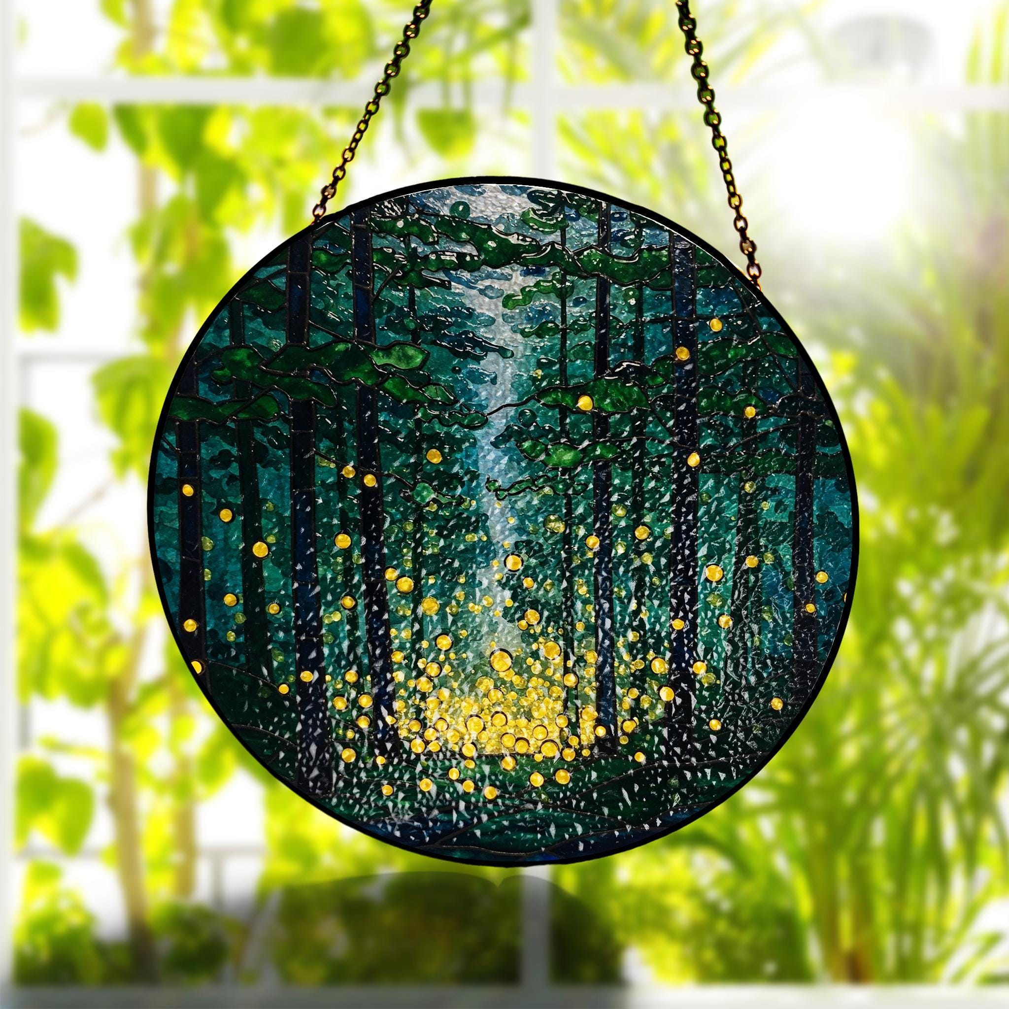 Round Glass Suncatcher Window Hanging, Enchanted Deep Forest Scene with Magical Glowing Fireflies, Hand Painted Nature Wall Art Decor Gift