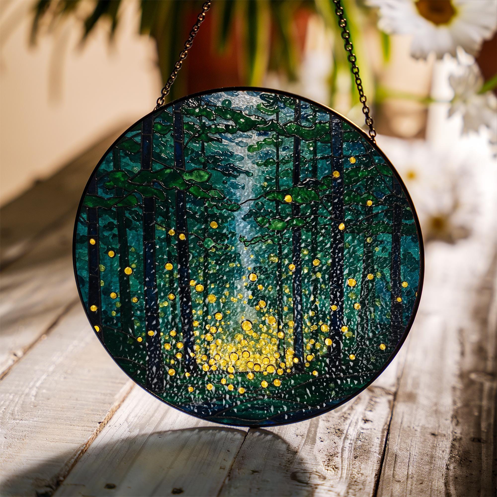 Round Glass Suncatcher Window Hanging, Enchanted Deep Forest Scene with Magical Glowing Fireflies, Hand Painted Nature Wall Art Decor Gift