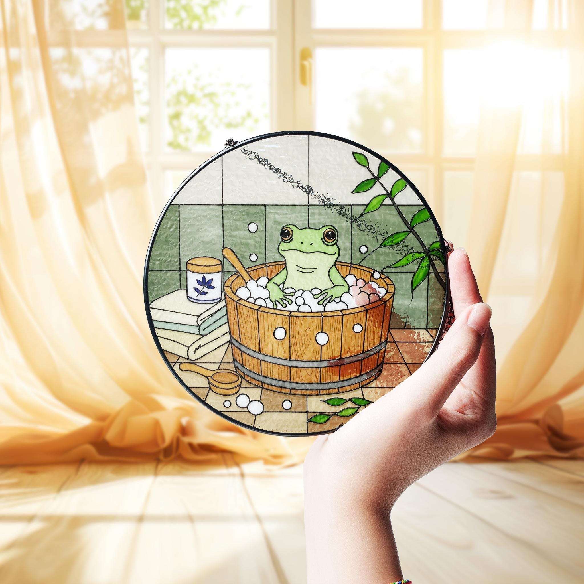 Cute Frog Bathtub Suncatcher Window Hanging, Round Bathroom Decor, Whimsical Animal Art Gift, Cottagecore Home, Funny Animal
