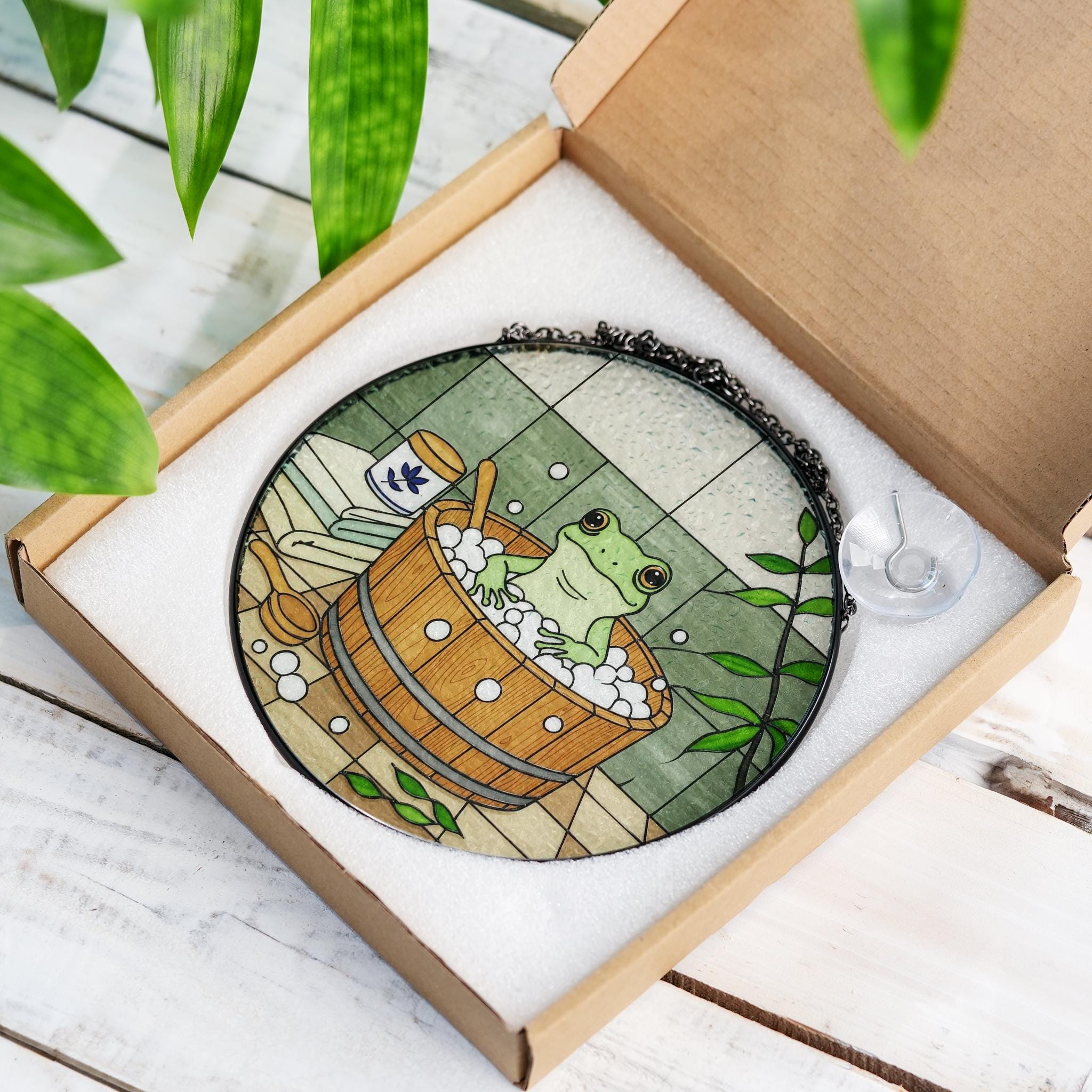 Cute Frog Bathtub Suncatcher Window Hanging, Round Bathroom Decor, Whimsical Animal Art Gift, Cottagecore Home, Funny Animal