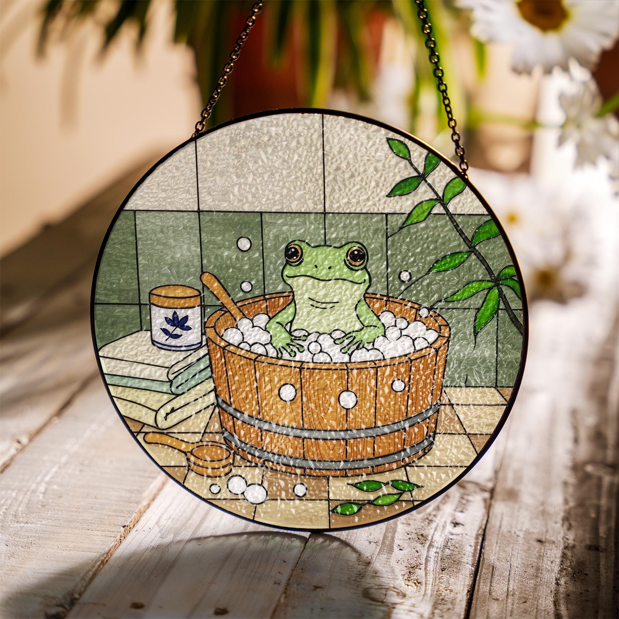 Cute Frog Bathtub Suncatcher Window Hanging, Round Bathroom Decor, Whimsical Animal Art Gift, Cottagecore Home, Funny Animal