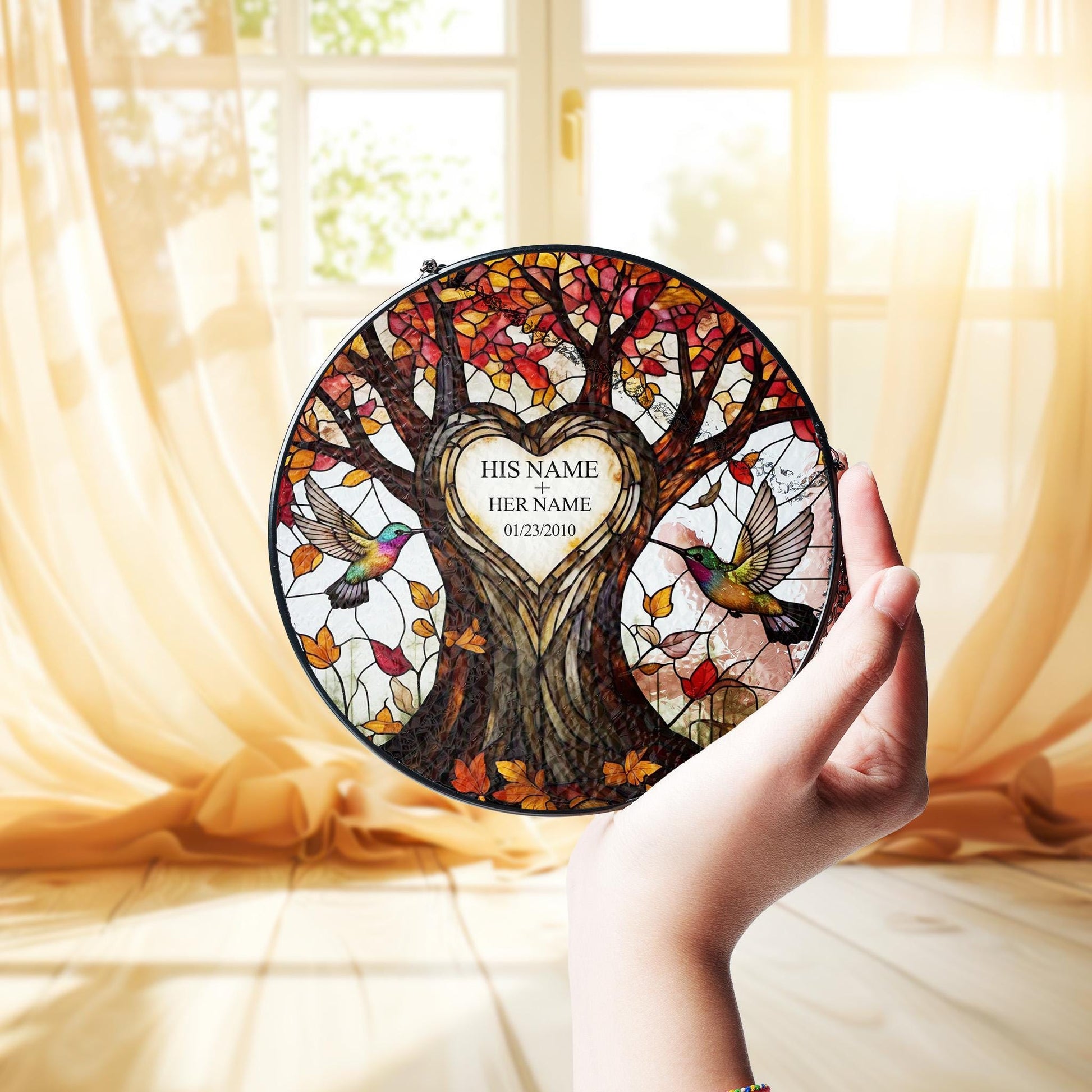 Personalized Tree of Life Glass Suncatcher Window Hanging, Custom Names Date Carved Look, Hummingbird Art, Couple Gift, Anniversary Wedding