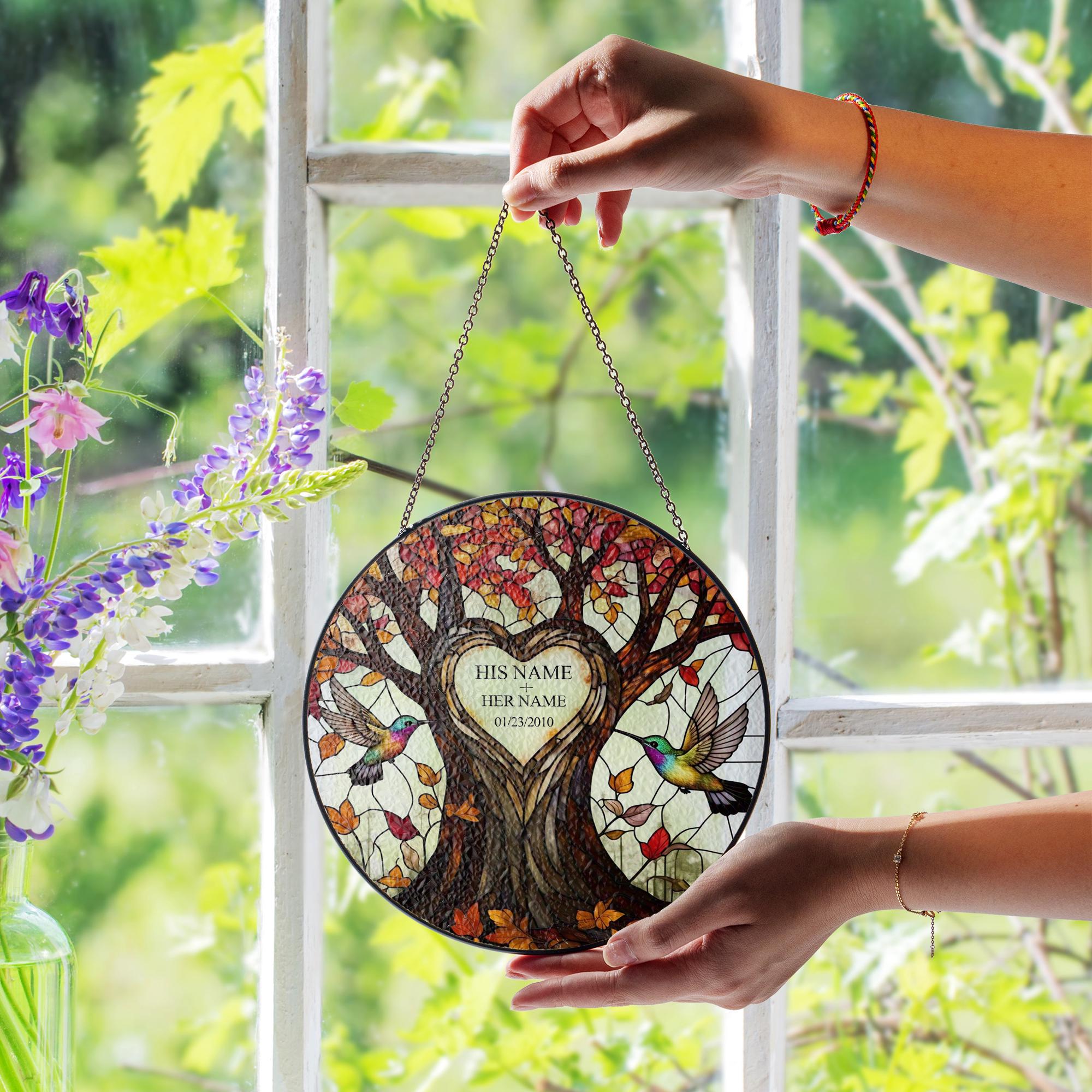 Personalized Tree of Life Glass Suncatcher Window Hanging, Custom Names Date Carved Look, Hummingbird Art, Couple Gift, Anniversary Wedding