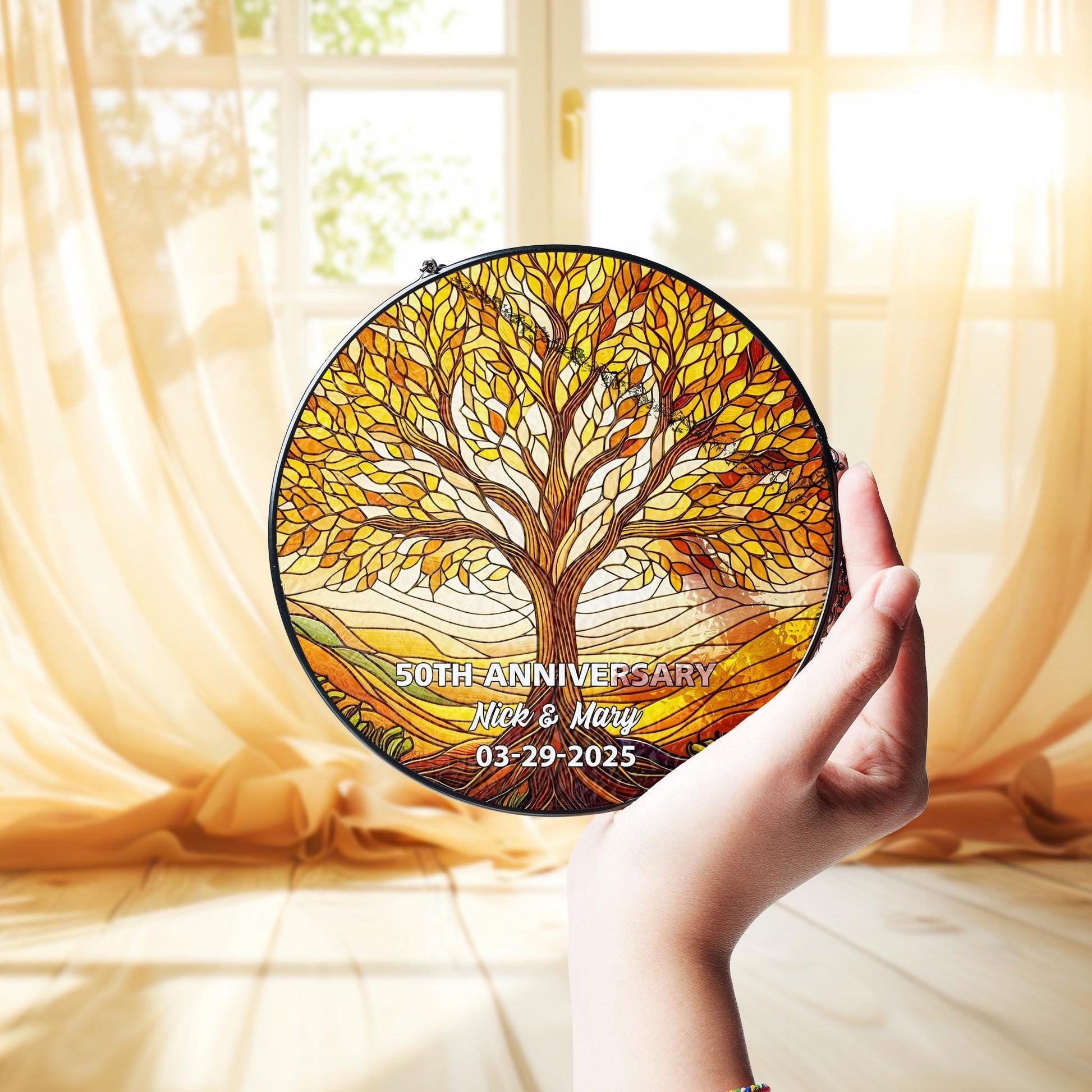 Personalized Tree of Life Glass Suncatcher Window Hanging, Custom Anniversary Gift, Round Family Tree Panel, Wedding Decor Gift