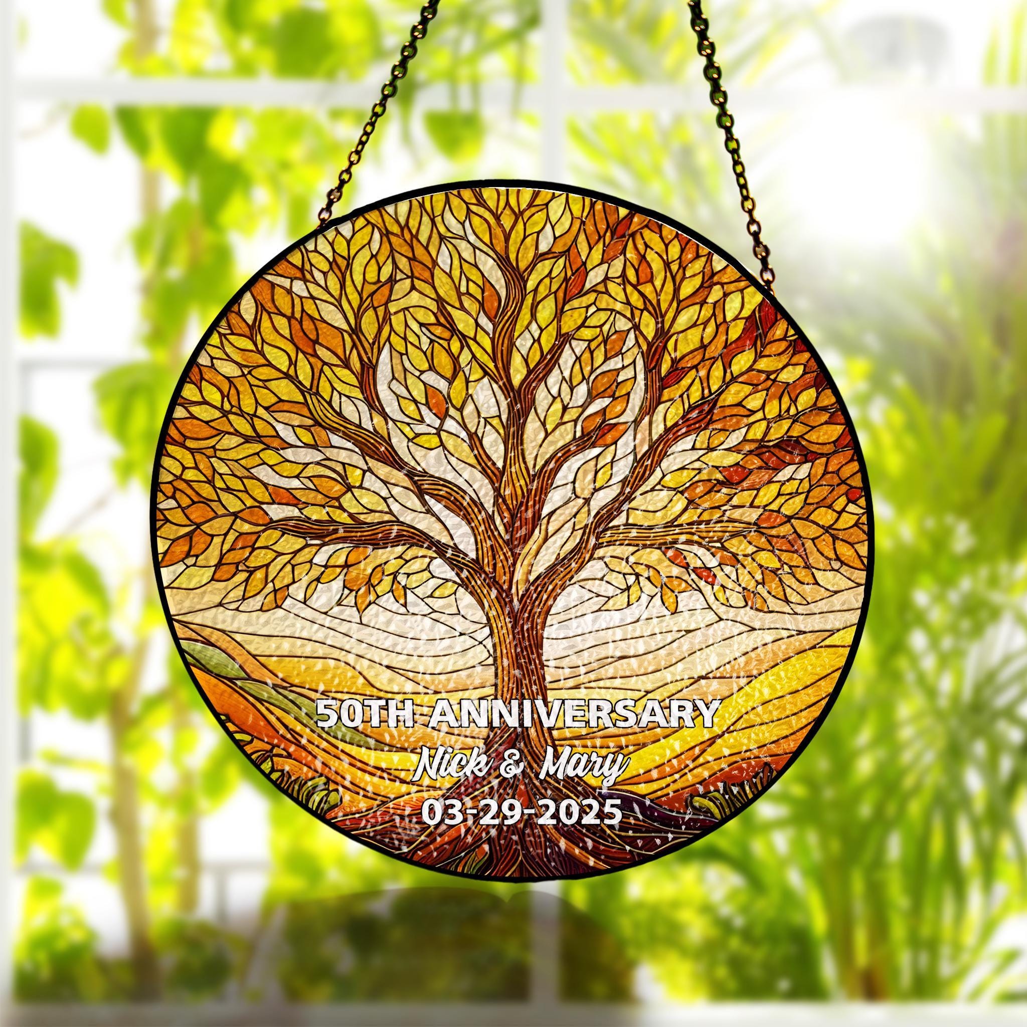 Personalized Tree of Life Glass Suncatcher Window Hanging, Custom Anniversary Gift, Round Family Tree Panel, Wedding Decor Gift