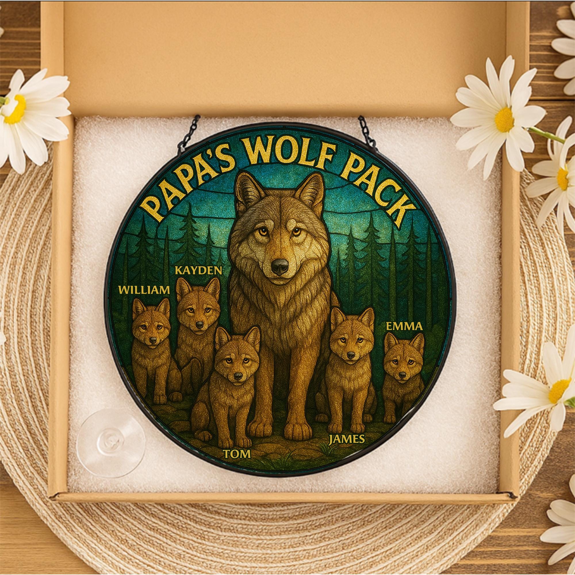 Papa’s Wolf Pack Custom Glass hanging| Personalized Wolf Family Window Hanging | Father’s Day Gift from Kids | Woodland Animal Decor