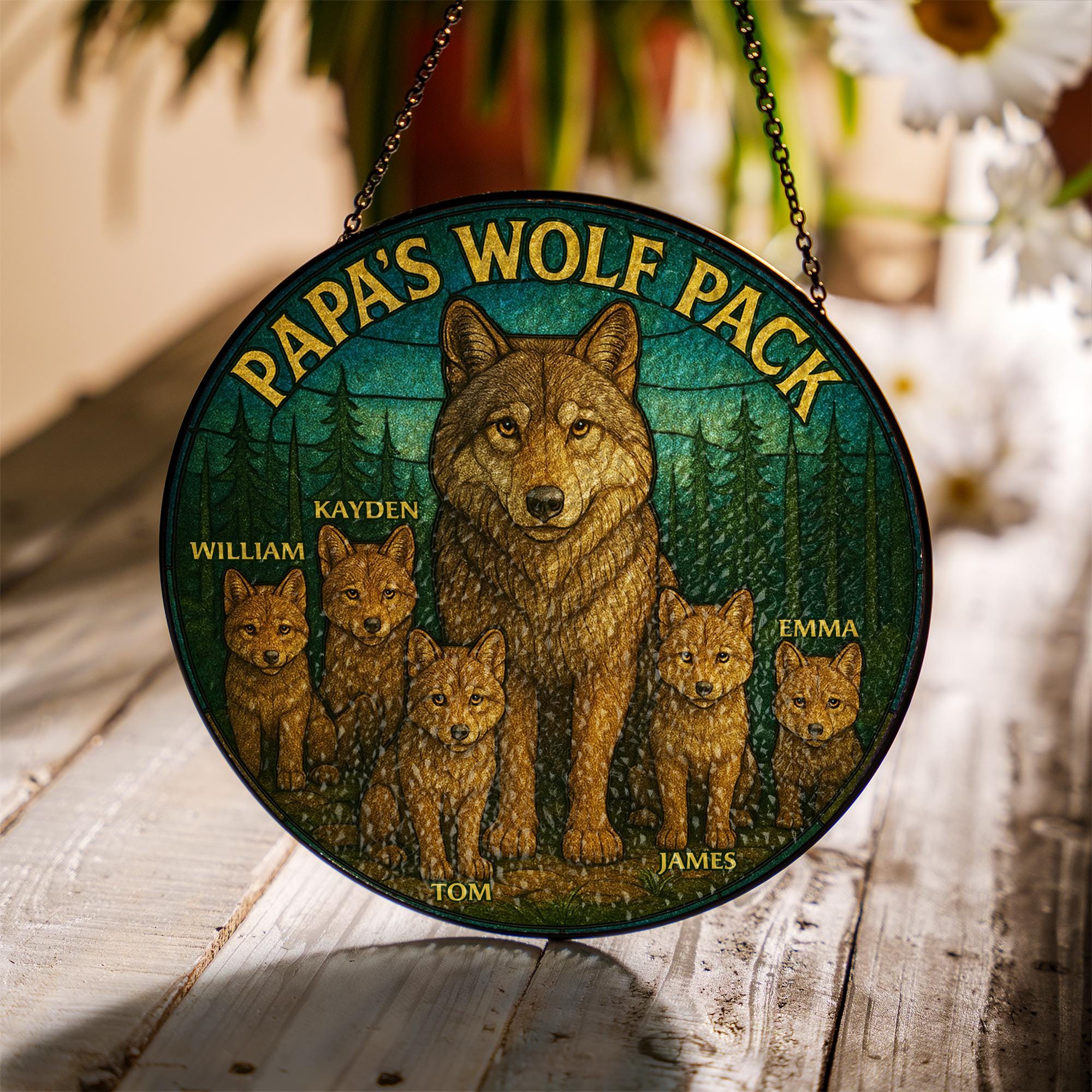 Papa’s Wolf Pack Custom Glass hanging| Personalized Wolf Family Window Hanging | Father’s Day Gift from Kids | Woodland Animal Decor