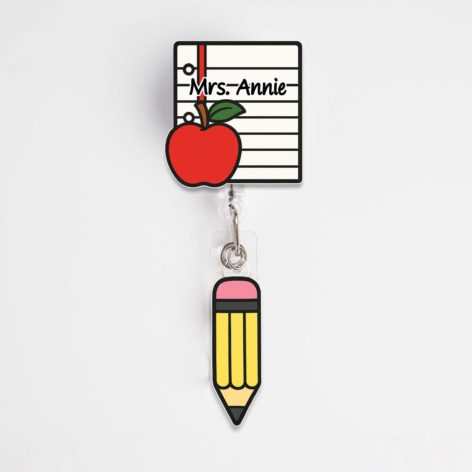 Personalized Teacher Badge Reel | Custom Name ID Holder with Apple & Pencil Charm | Cute Back to School Gift for Teacher, Educator