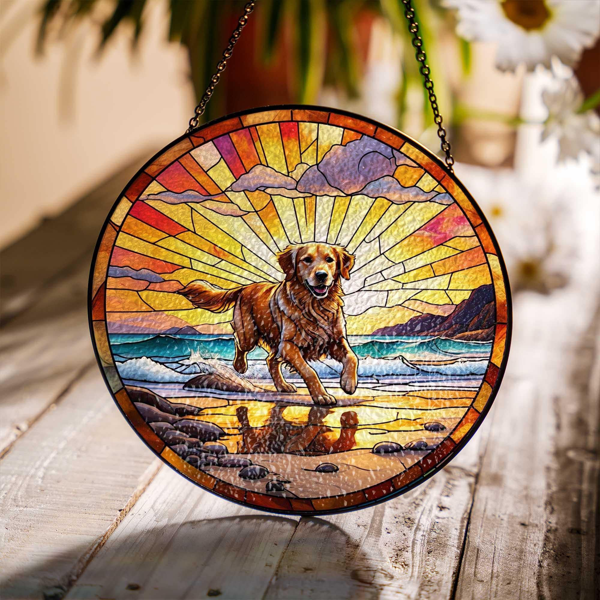 Golden Retriever Glass Suncatcher | Dog Memorial Sun Catcher for Pet Lovers | Rainbow Bridge Decor | Beach Window Hanging Art