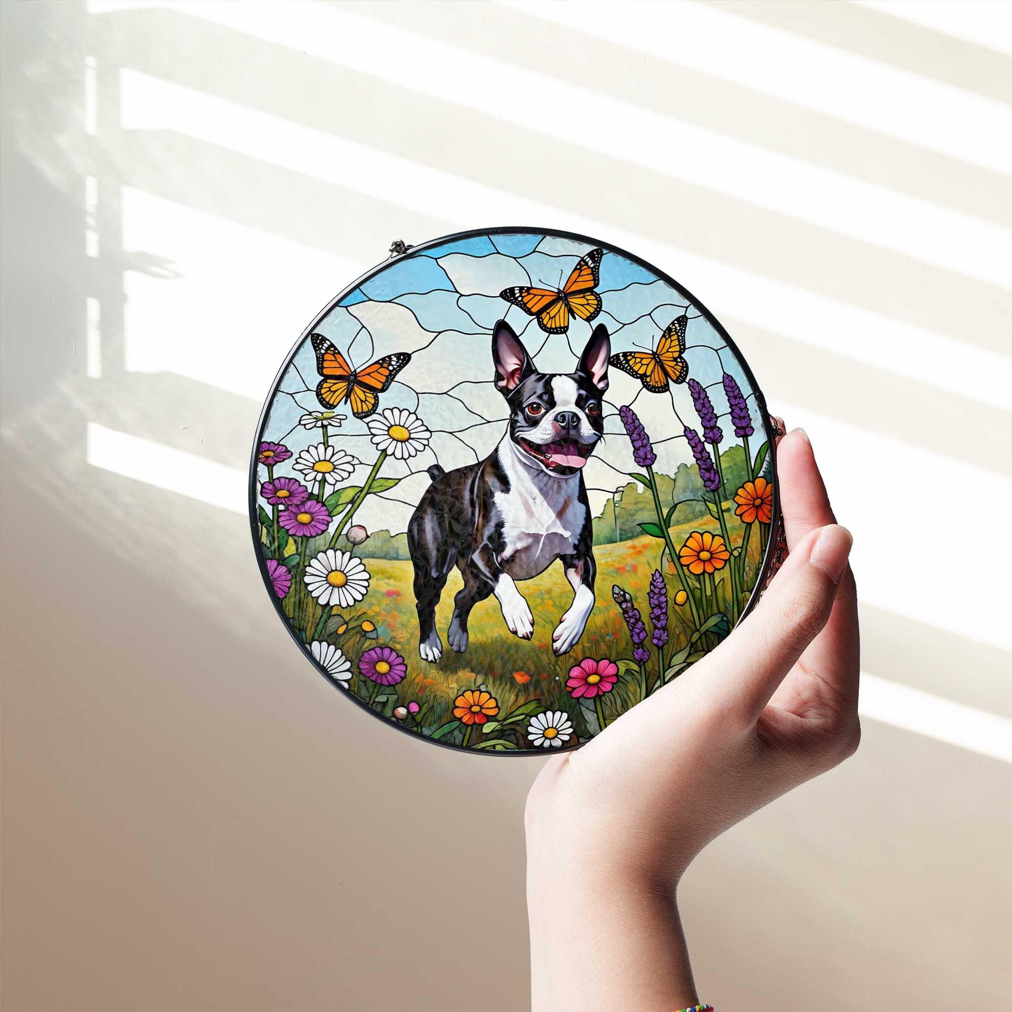 Boston Terrier Glass Suncatcher | Dog Memorial Window Hanging with Flowers & Butterflies | Pet Lover Gift | Spring Sun Catcher Art