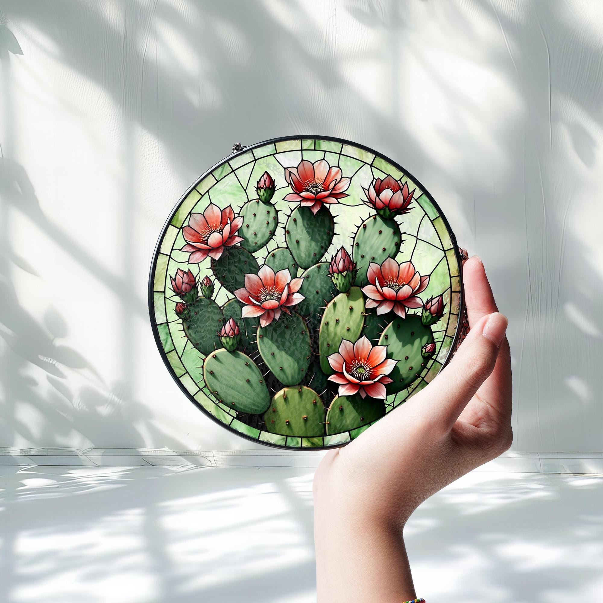 Cactus Glass Suncatcher | Desert Flower Stained Glass Style Window Hanging | Succulent Sun Catcher | Southwestern Plant Lover Gift