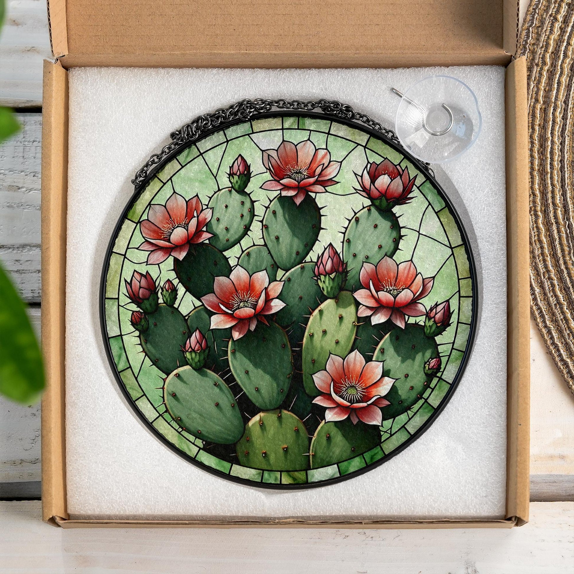 Cactus Glass Suncatcher | Desert Flower Stained Glass Style Window Hanging | Succulent Sun Catcher | Southwestern Plant Lover Gift
