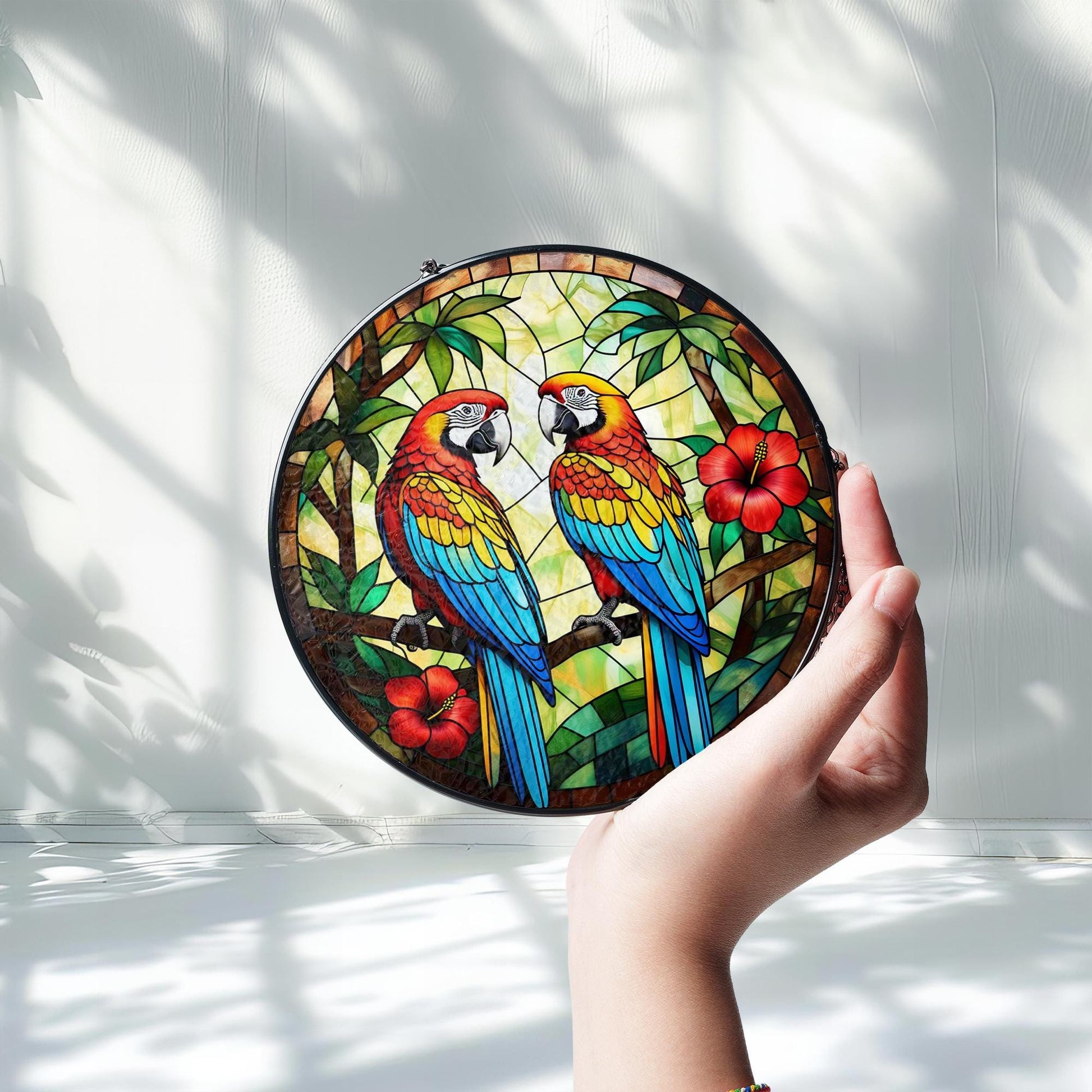 Parrot Glass Suncatcher | Tropical Bird Window Hanging with Hibiscus Flowers | Macaw Stained Glass Style Sun Catcher Jungle Decor