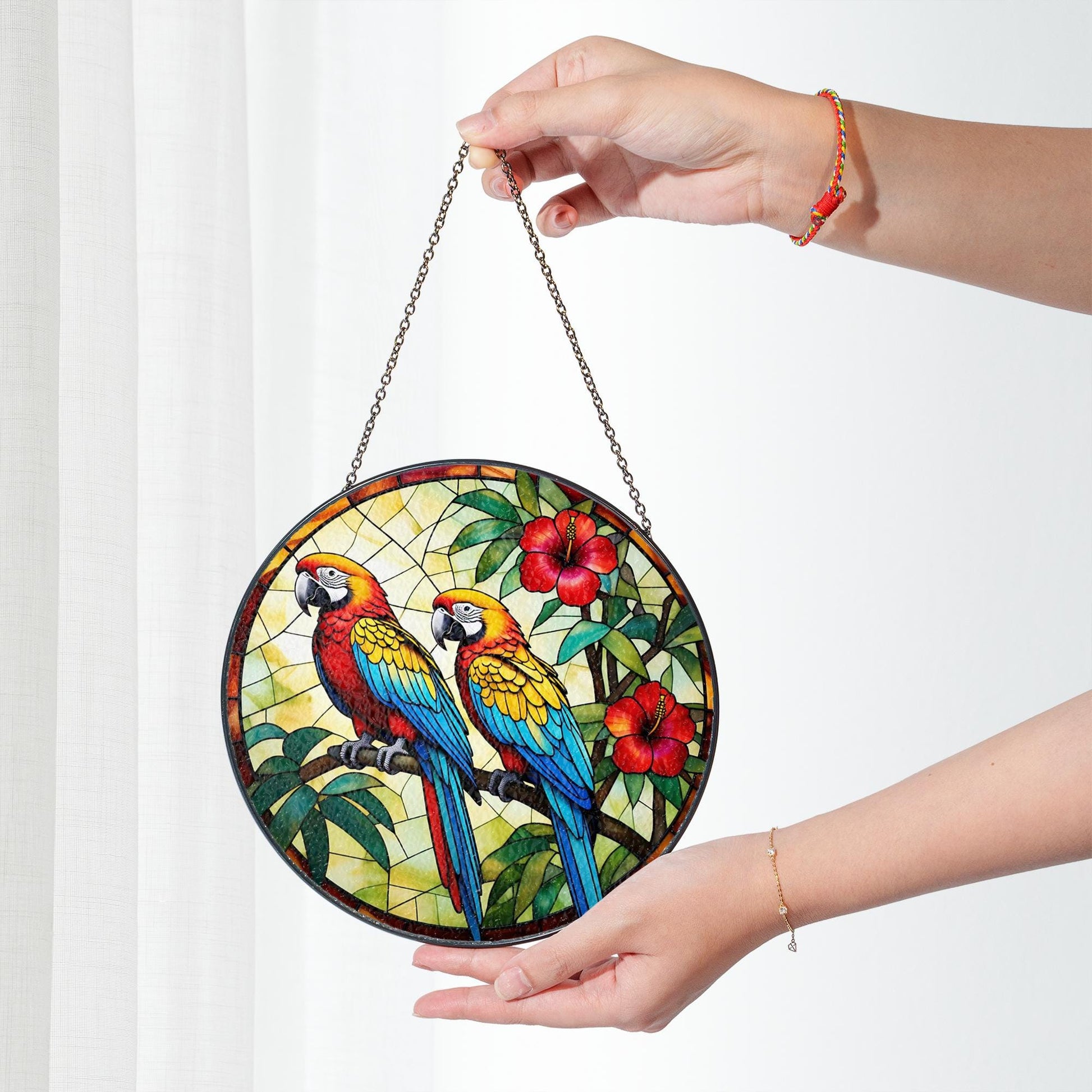 Parrot Glass Suncatcher | Tropical Bird Window Hanging with Hibiscus Flowers | Macaw Stained Glass Style Sun Catcher Jungle Decor