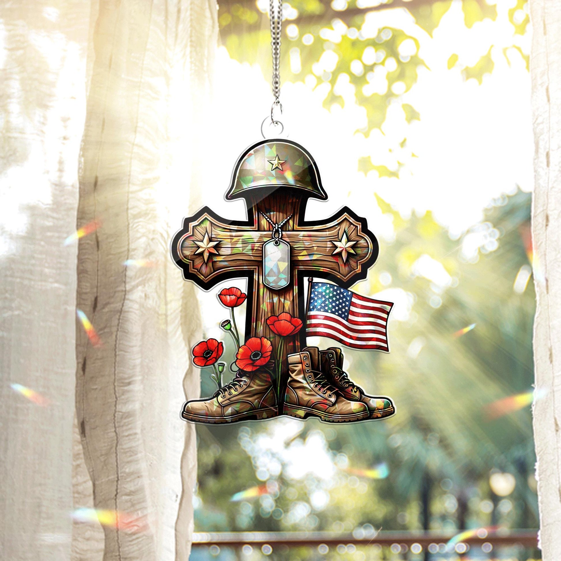 4th of July Memorial Acrylic Window Hanging – Patriotic Cross Suncatcher with Flag, Helmet, Boots & Poppies – Military Tribute Gift