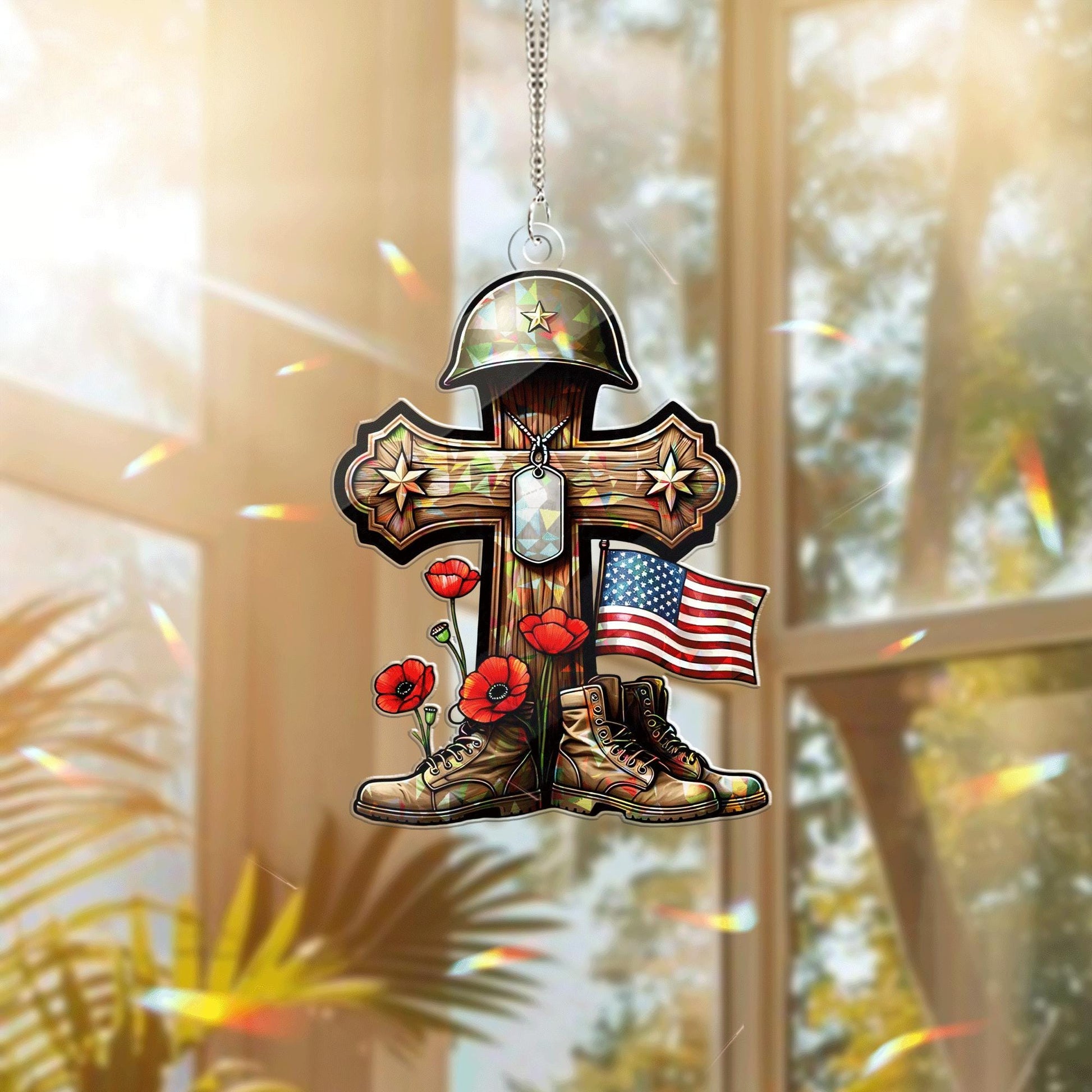 4th of July Memorial Acrylic Window Hanging – Patriotic Cross Suncatcher with Flag, Helmet, Boots & Poppies – Military Tribute Gift