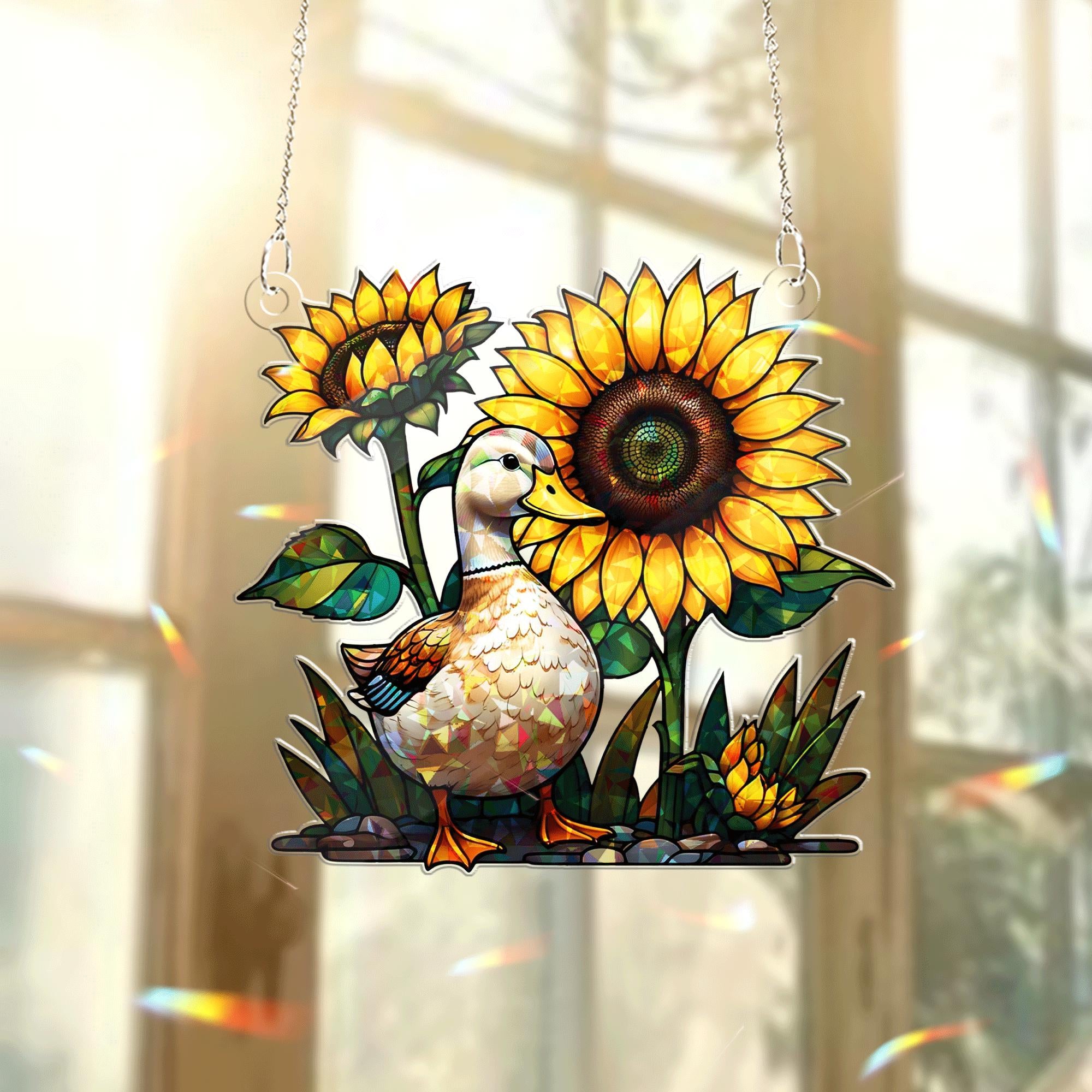 Summer Duck and Sunflower Acrylic Window Hanging – Cute Farmhouse Animal Suncatcher for Sunroom, Garden, or Kitchen Decor