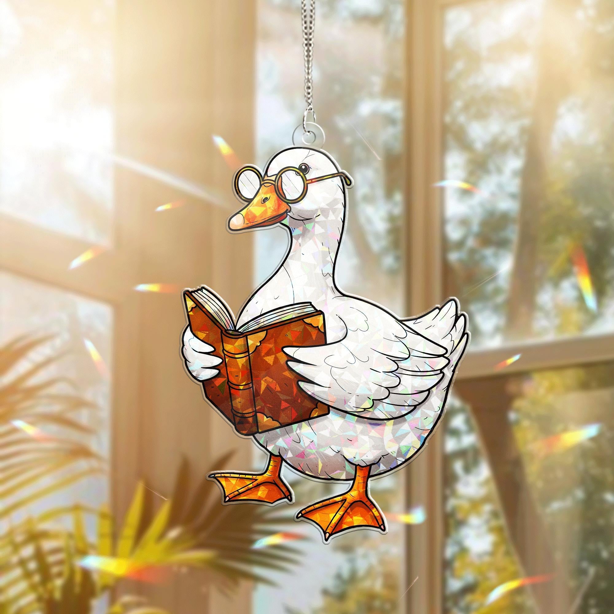 Bookish Duck Acrylic Window Hanging – Cute Nerdy Duck Reading Book Suncatcher for Book Lovers, Library, Teacher, or Study Decor