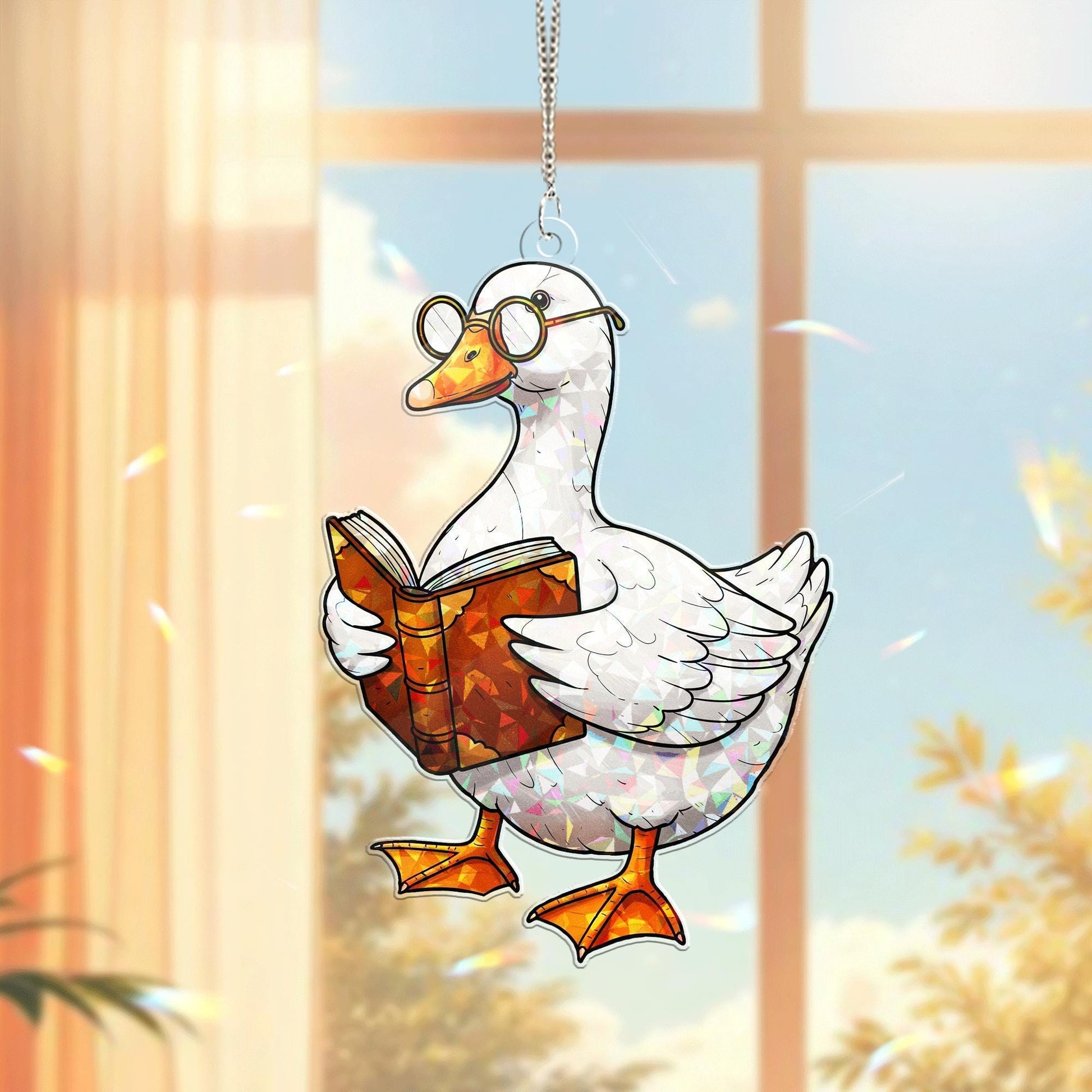 Bookish Duck Acrylic Window Hanging – Cute Nerdy Duck Reading Book Suncatcher for Book Lovers, Library, Teacher, or Study Decor