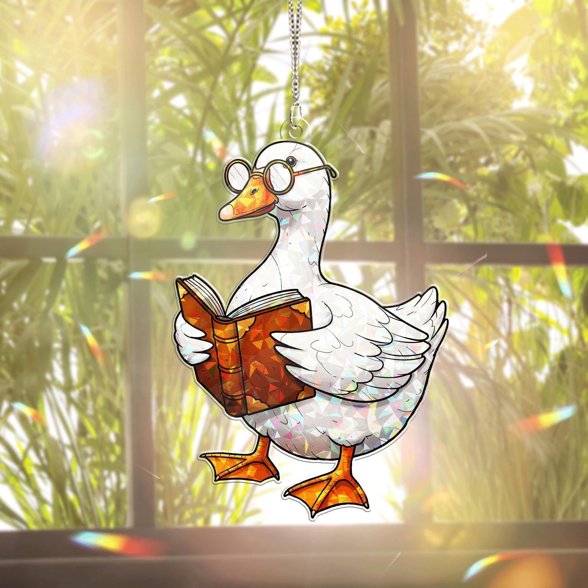 Bookish Duck Acrylic Window Hanging – Cute Nerdy Duck Reading Book Suncatcher for Book Lovers, Library, Teacher, or Study Decor