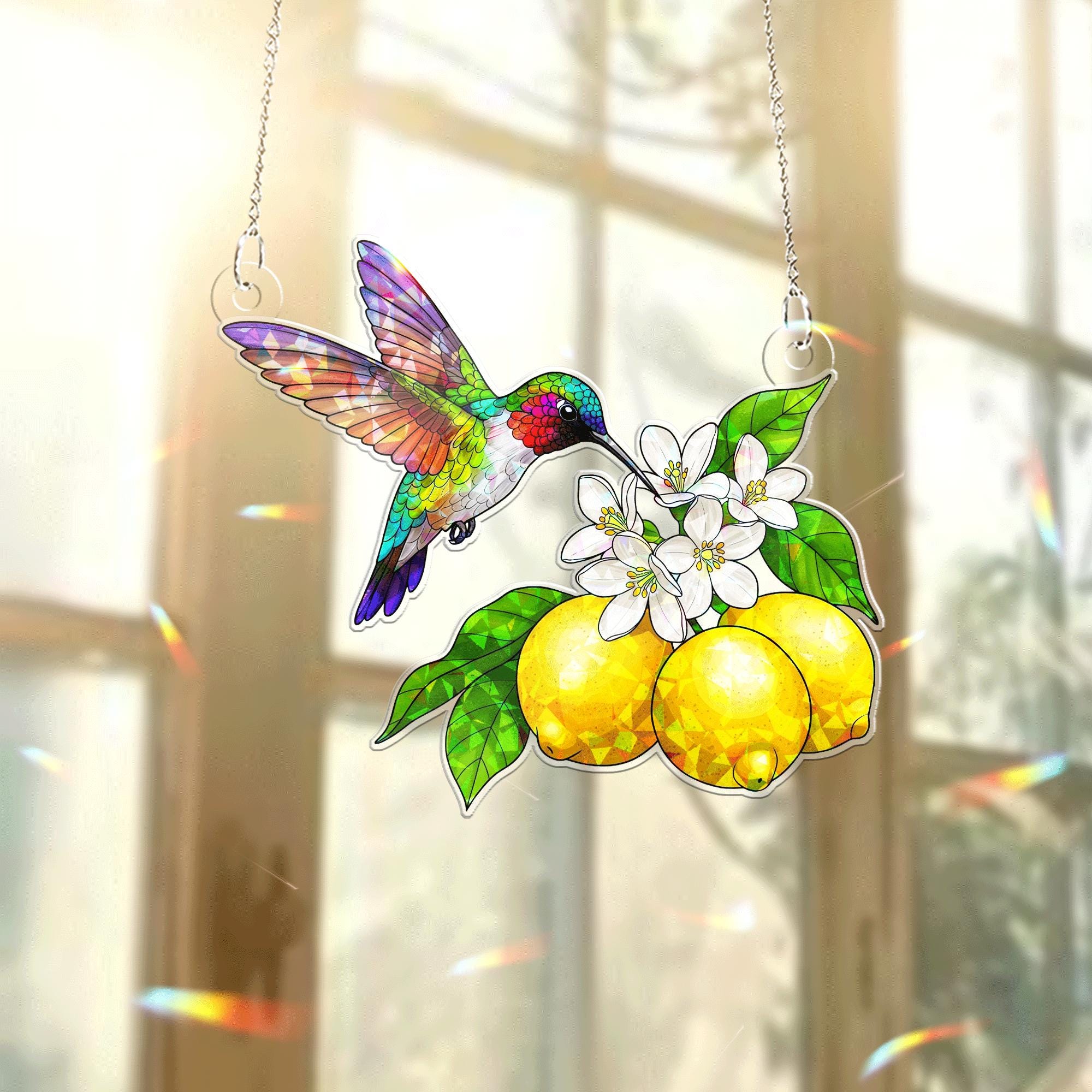 Hummingbird and Lemon Acrylic Window Hanging – Summer Suncatcher with Citrus and Blossoms, Vibrant Garden Decor Gift