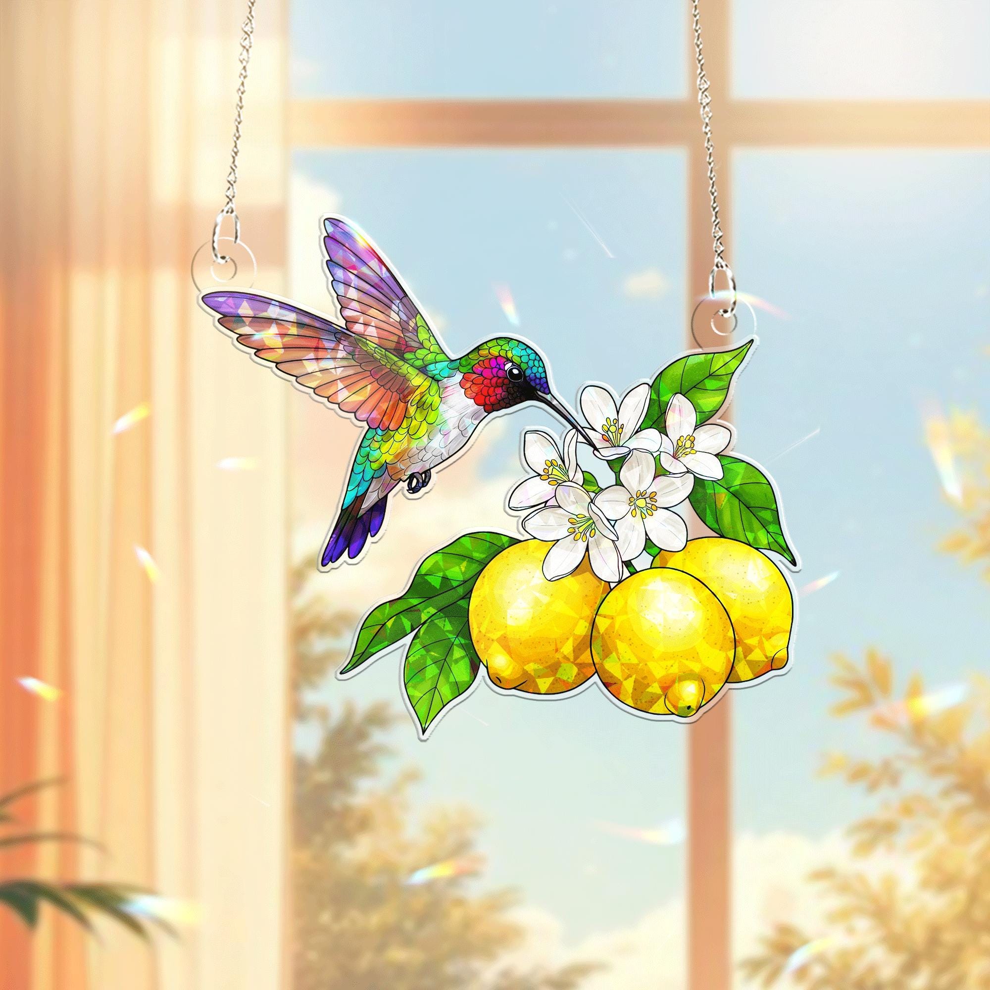 Hummingbird and Lemon Acrylic Window Hanging – Summer Suncatcher with Citrus and Blossoms, Vibrant Garden Decor Gift
