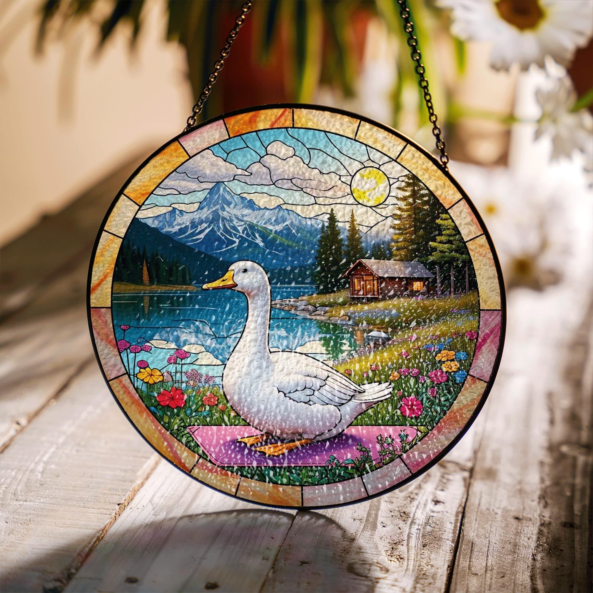 Goose Glass Suncatcher – Mountain Cabin Scene Window Hanging, Rustic Lake Nature Decor, Wildlife Art Gift for Bird and Cabin Lovers