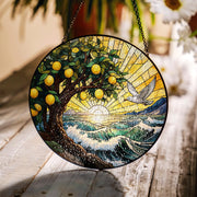 Lemon Tree Ocean Sunset Glass Suncatcher – Summer Coastal Window Hanging, Vibrant Stained Glass Beach Decor with Flying Bird