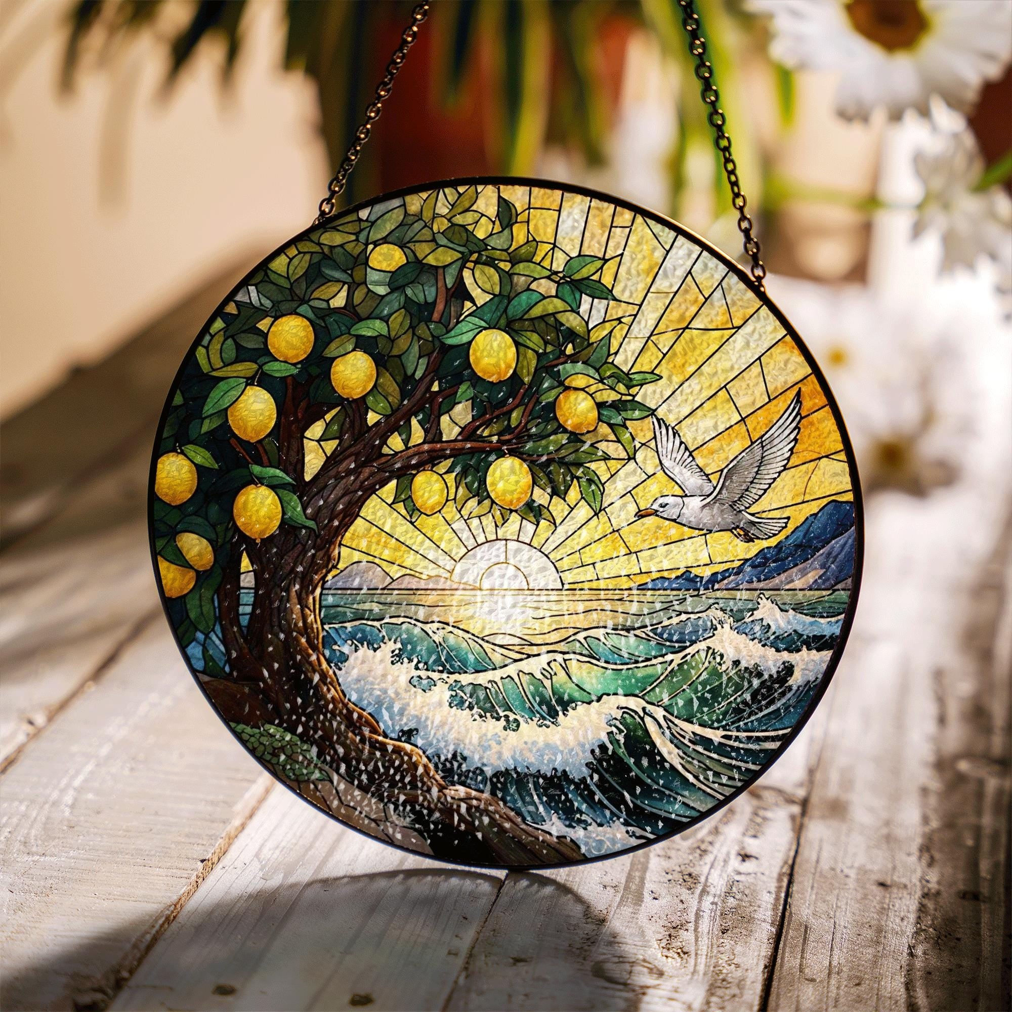 Lemon Tree Ocean Sunset Glass Suncatcher – Summer Coastal Window Hanging, Vibrant Stained Glass Beach Decor with Flying Bird