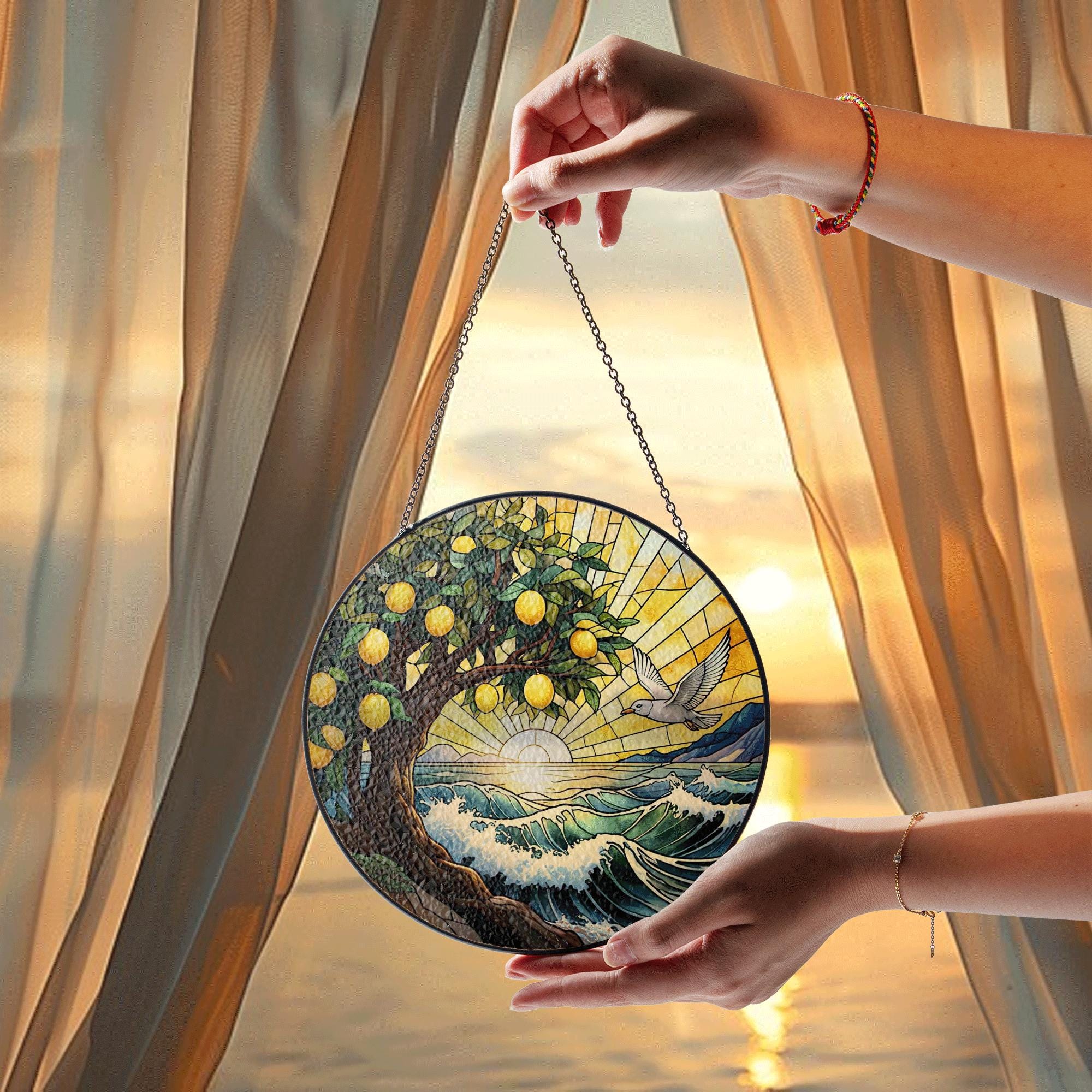 Lemon Tree Ocean Sunset Glass Suncatcher – Summer Coastal Window Hanging, Vibrant Stained Glass Beach Decor with Flying Bird