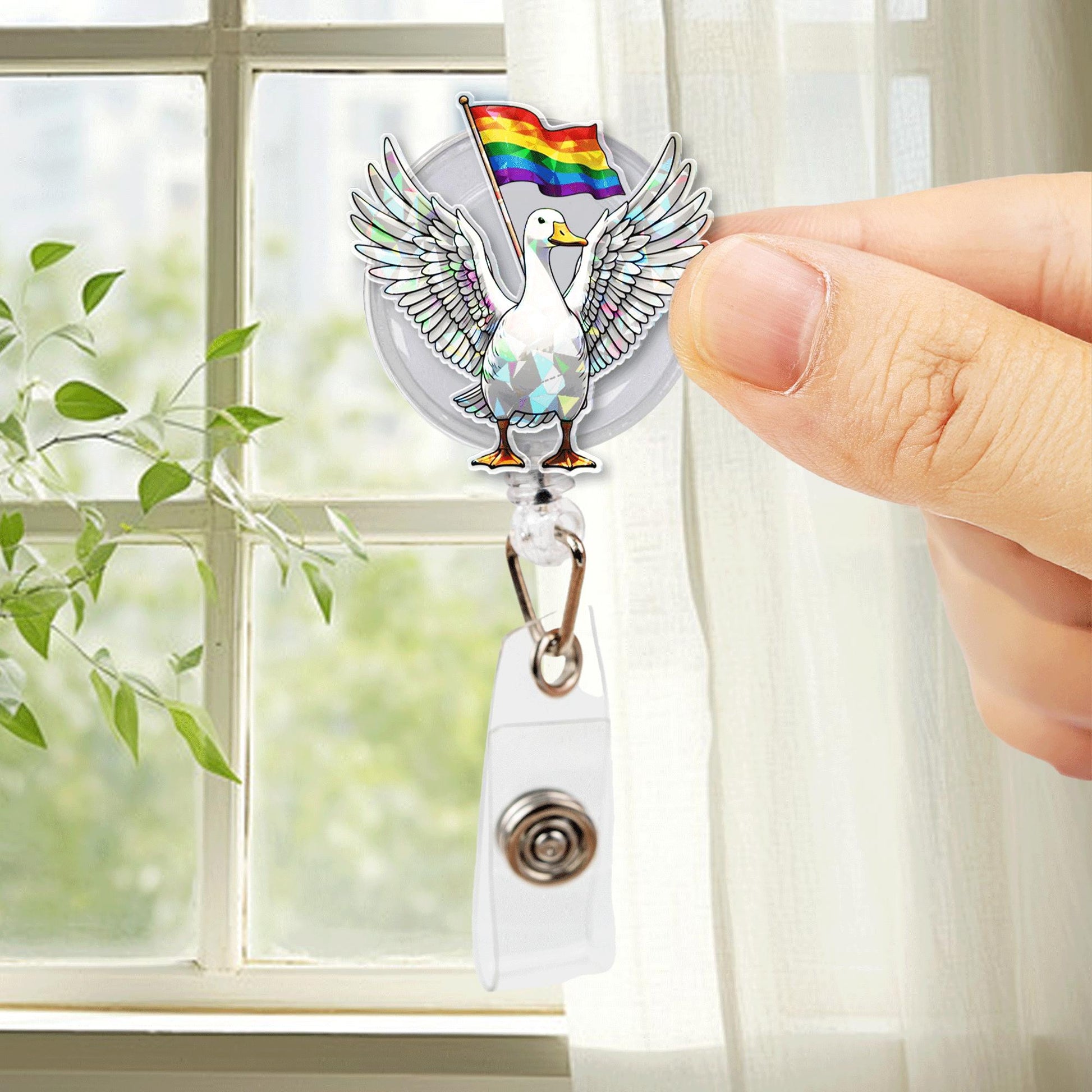 Pride Goose Badge Reel – Funny LGBTQ+ Nurse ID Holder with Rainbow Flag, Cute Retractable Clip for Healthcare, Office & Pride Gift