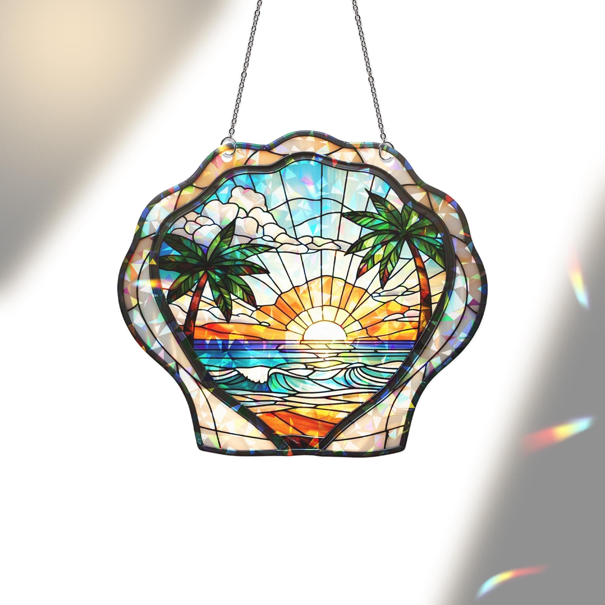 Seashell Hologram Acrylic Window Hanging | Tropical Beach Sunset Suncatcher | Ocean Coastal Decor | Summer Shell Window Art
