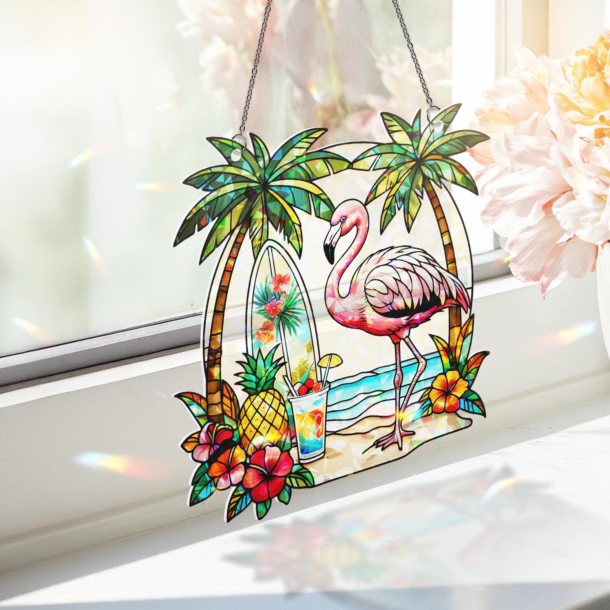 Tropical Flamingo Hologram Acrylic Window Hanging | Beach Summer Decor | Palm Tree Surfboard Sun Catcher | Coastal Window Art