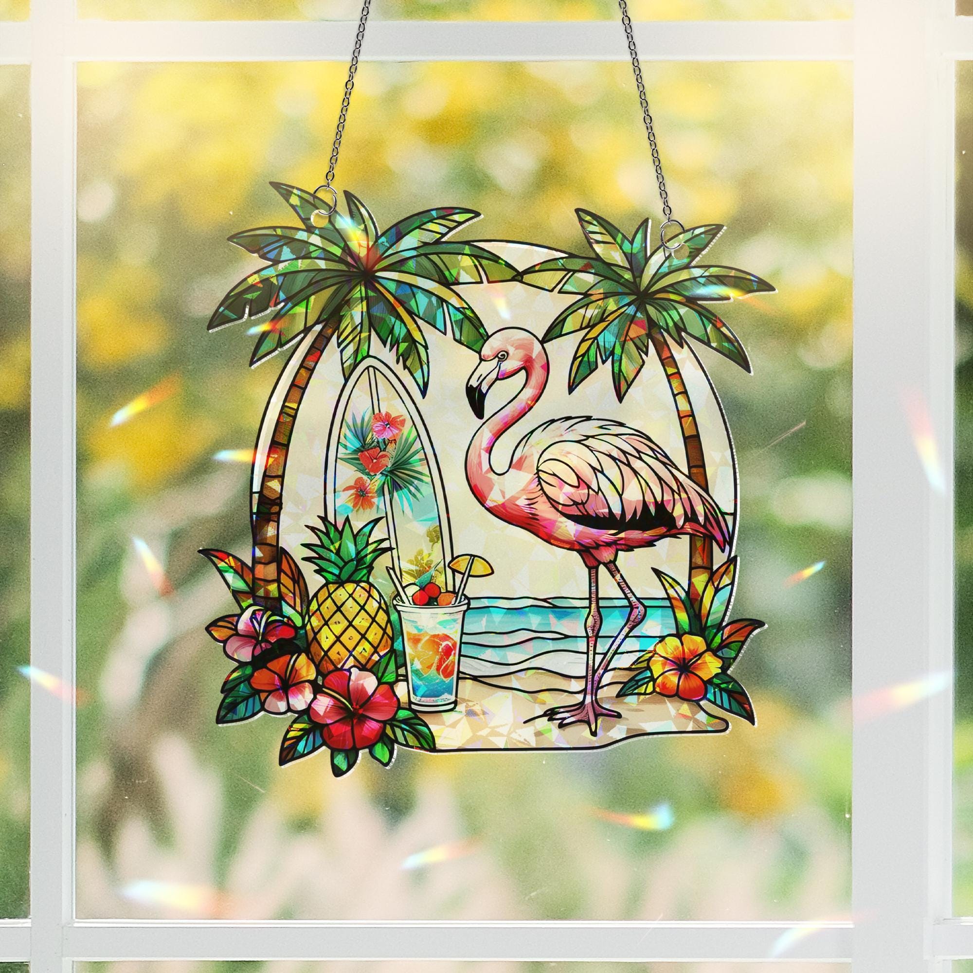 Tropical Flamingo Hologram Acrylic Window Hanging | Beach Summer Decor | Palm Tree Surfboard Sun Catcher | Coastal Window Art