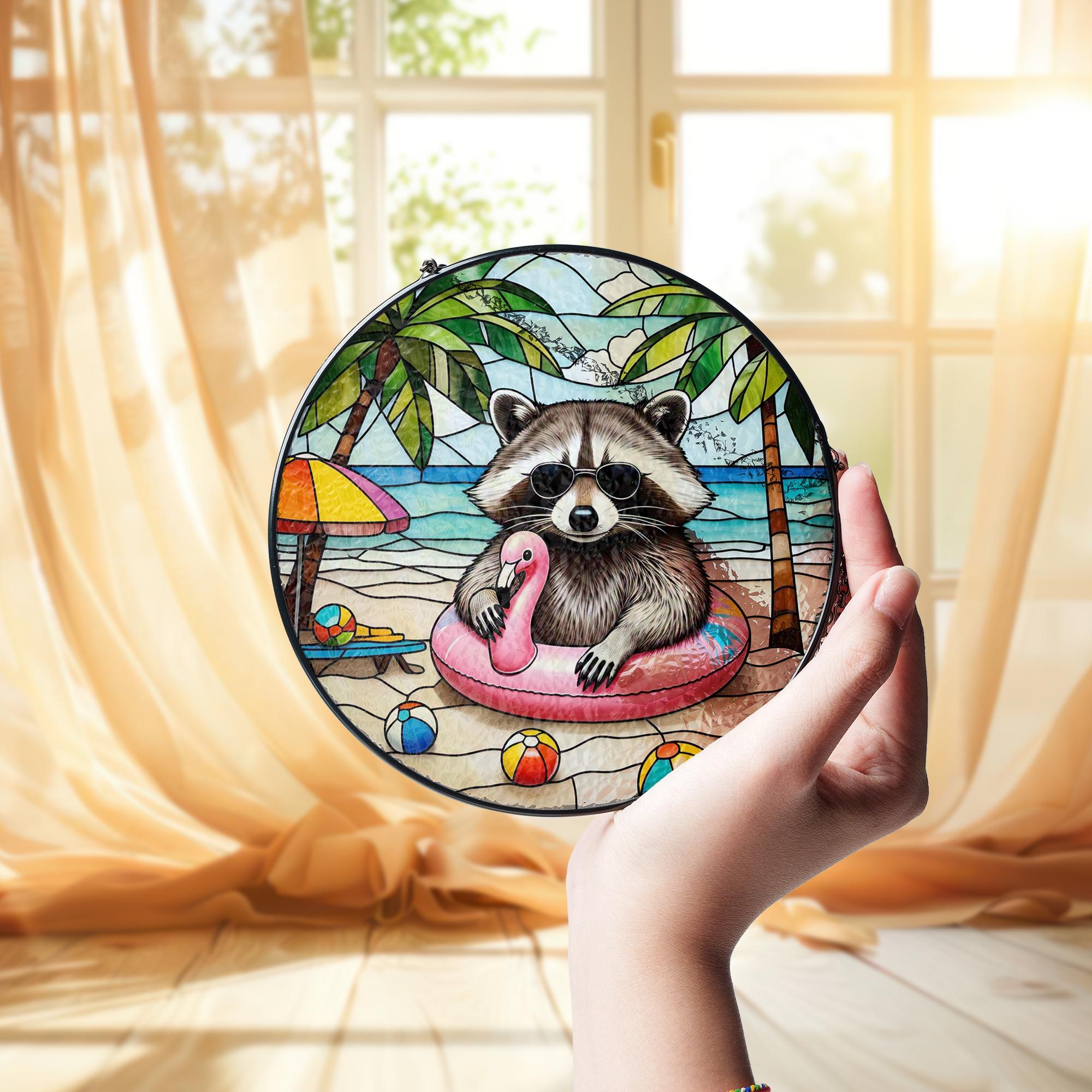 Funny Raccoon Beach Glass Suncatcher | Tropical Summer Window Decor | Cute Animal Pool Art | Coastal Flamingo Suncatcher Gift