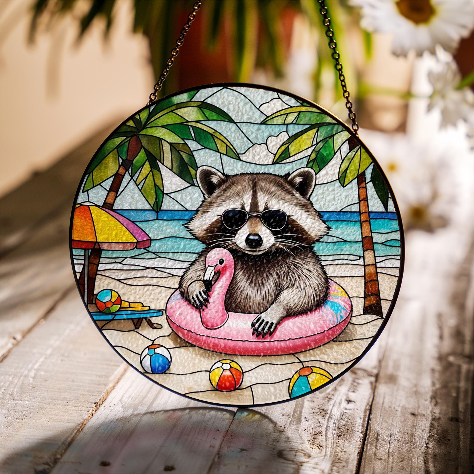 Funny Raccoon Beach Glass Suncatcher | Tropical Summer Window Decor | Cute Animal Pool Art | Coastal Flamingo Suncatcher Gift
