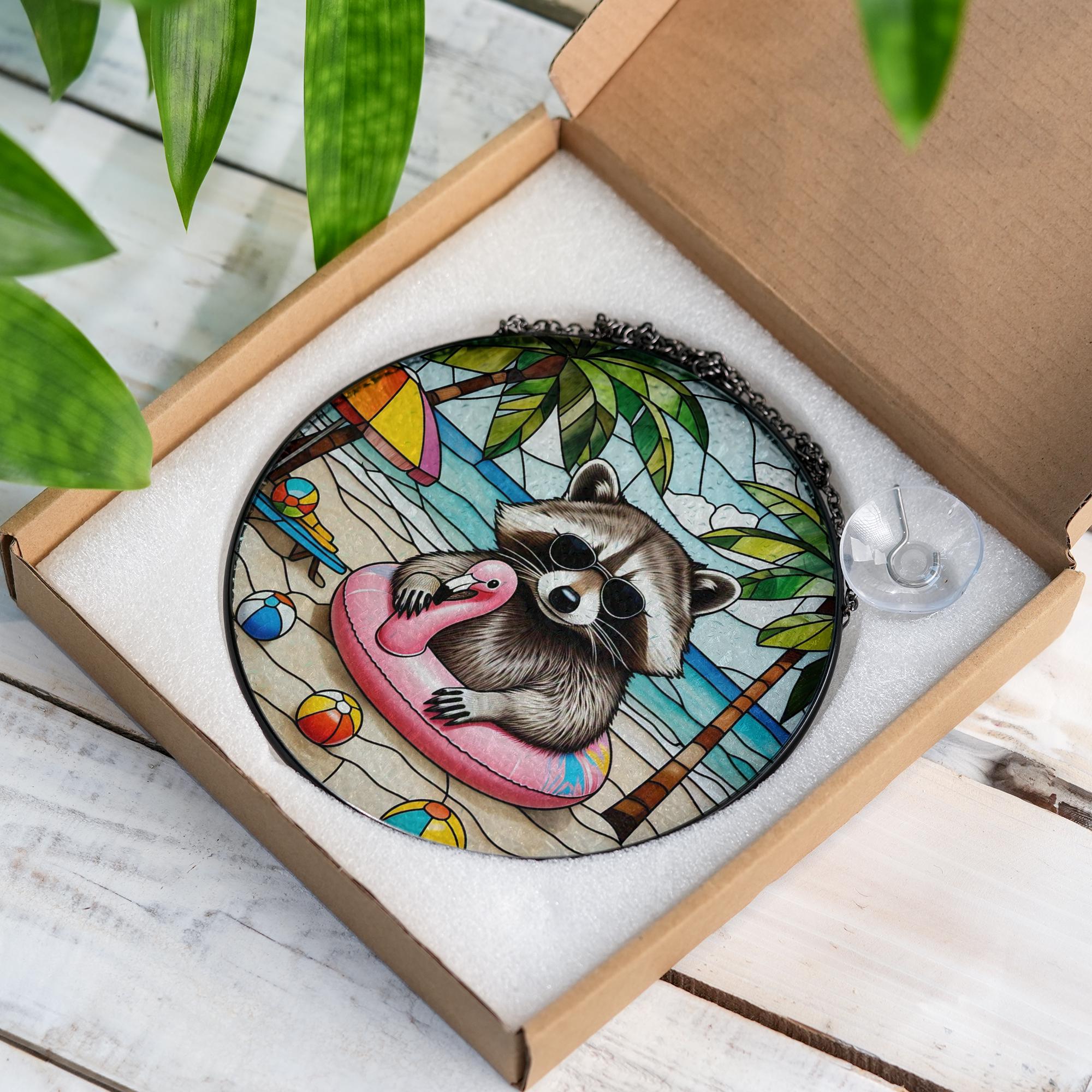 Funny Raccoon Beach Glass Suncatcher | Tropical Summer Window Decor | Cute Animal Pool Art | Coastal Flamingo Suncatcher Gift