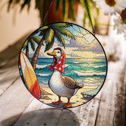 Funny Beach Goose Glass Suncatcher | Tropical Window Hanging Decor | Coastal Summer Sun Catcher | Quirky Goose Gift for Her