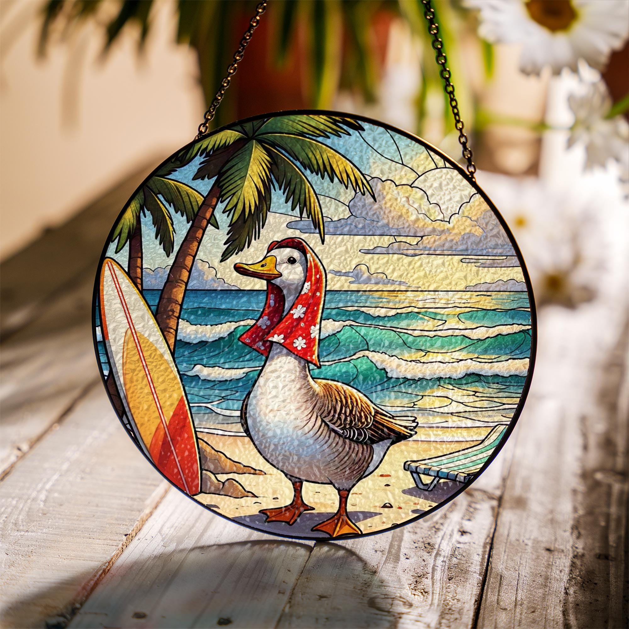 Funny Beach Goose Glass Suncatcher | Tropical Window Hanging Decor | Coastal Summer Sun Catcher | Quirky Goose Gift for Her