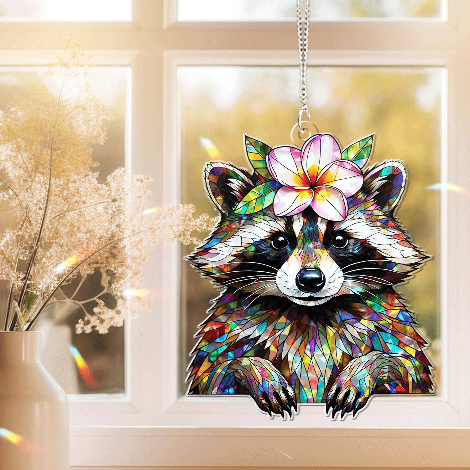 Raccoon and Plumeria Flower Acrylic Window Hanging – Summer Suncatcher Decor, Cute Animal Garden Gift, Colorful Home Accent