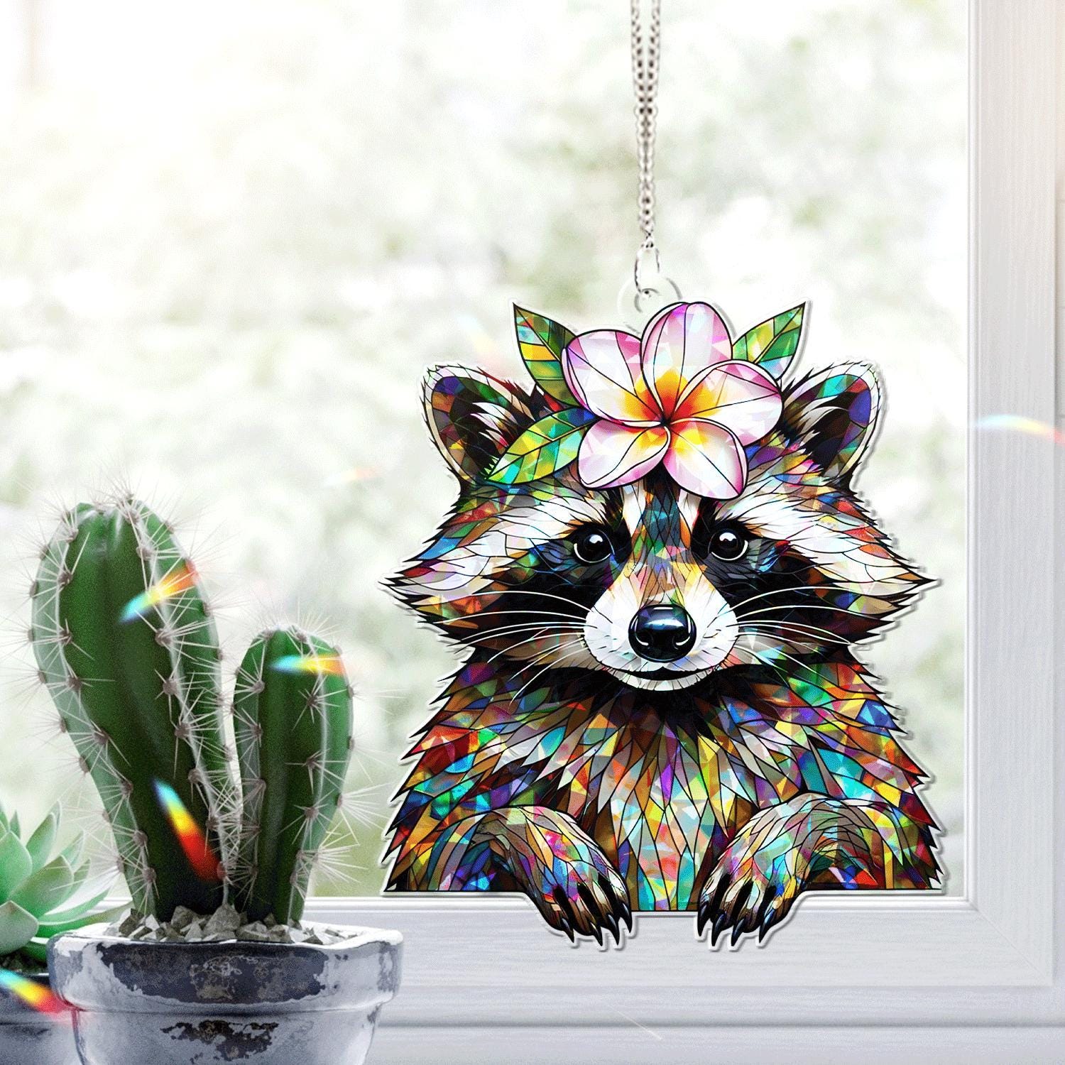 Raccoon and Plumeria Flower Acrylic Window Hanging – Summer Suncatcher Decor, Cute Animal Garden Gift, Colorful Home Accent