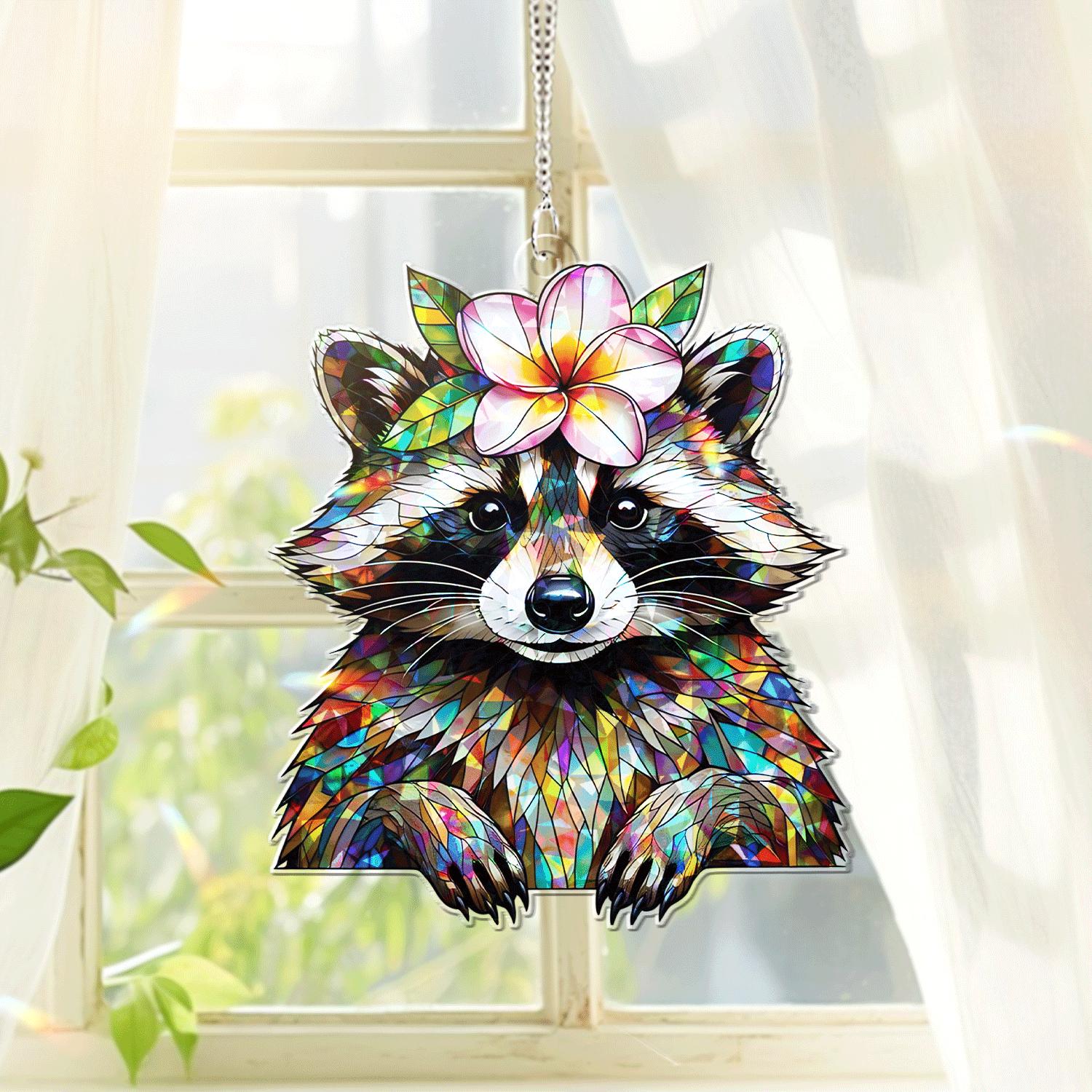 Raccoon and Plumeria Flower Acrylic Window Hanging – Summer Suncatcher Decor, Cute Animal Garden Gift, Colorful Home Accent
