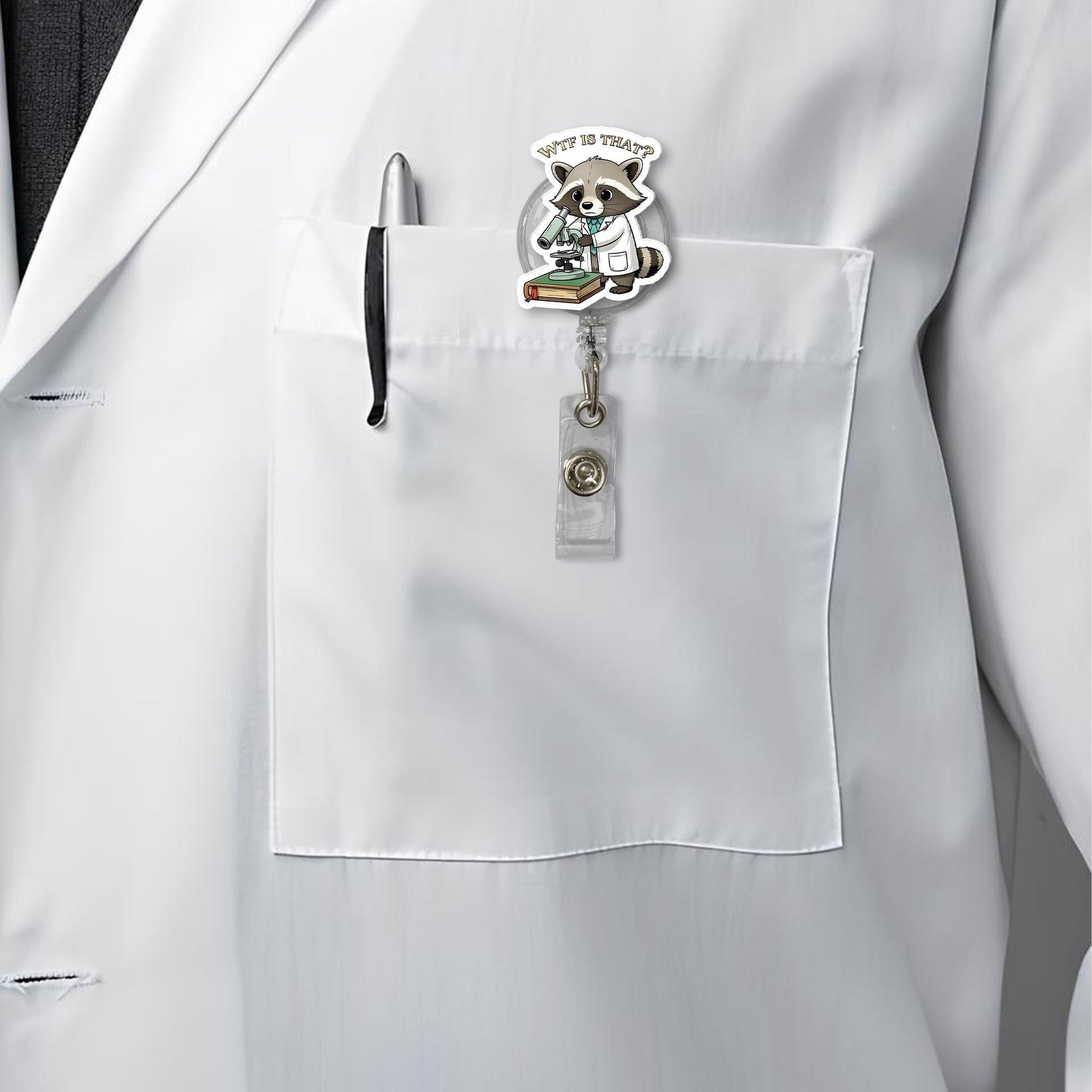 Raccoon Scientist Badge Reel | Funny Science Lab ID Clip | Nerdy STEM Work Badge Holder | Cute Animal Retractable Reel Gift